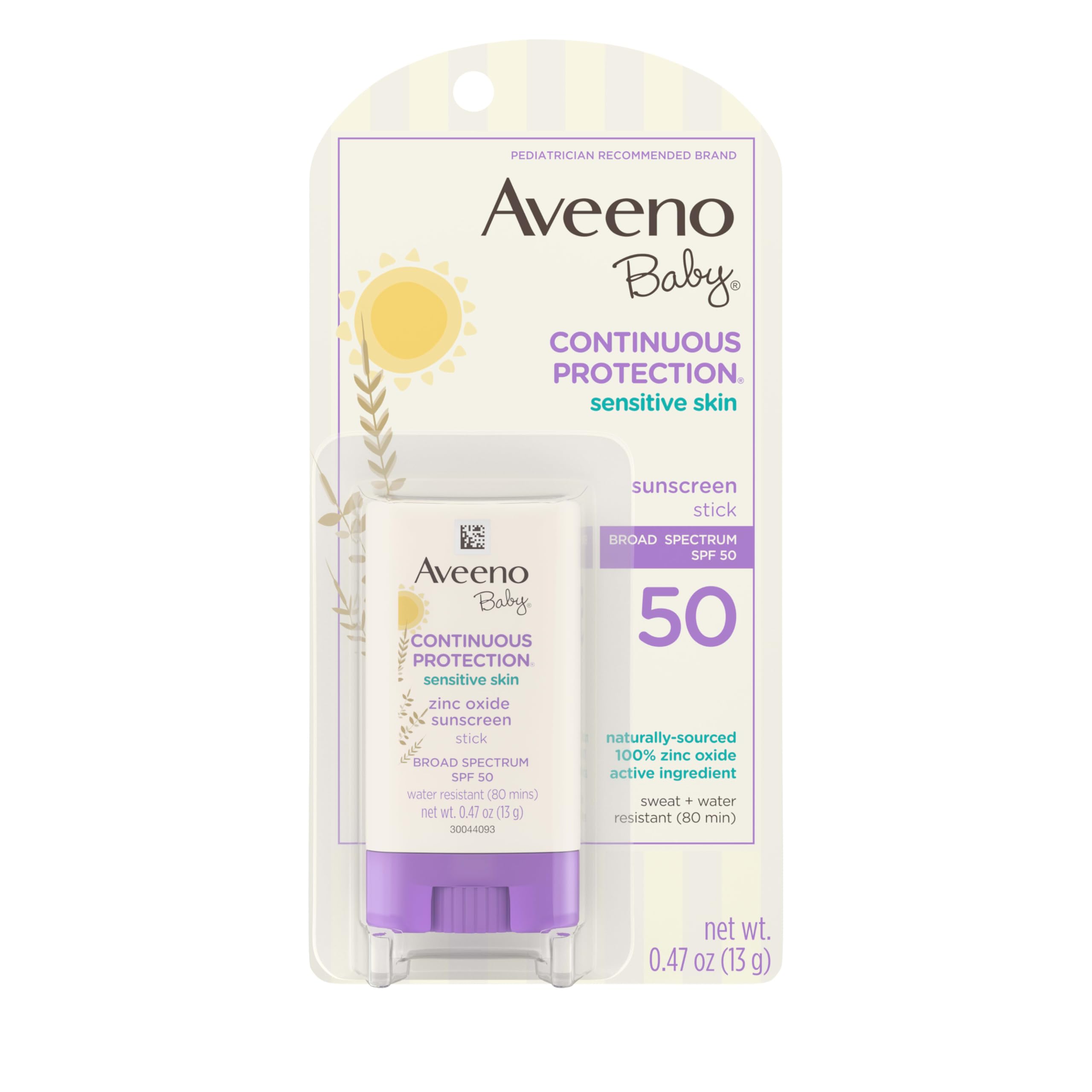 Aveeno Baby sunscreen stick on the body for quick, mess-free protection.