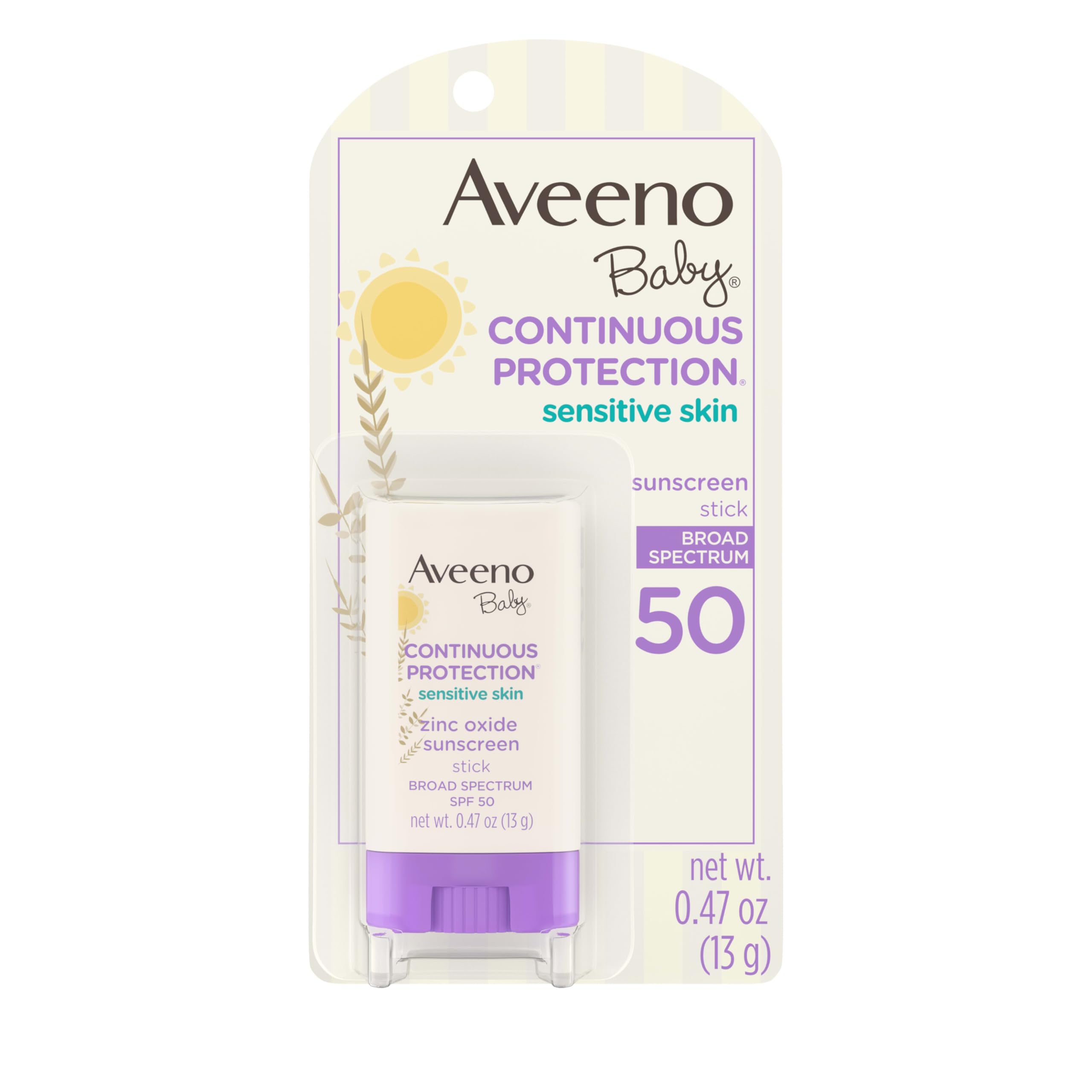 Aveeno Baby sunscreen stick on the face with SPF 50 broad spectrum protection.
