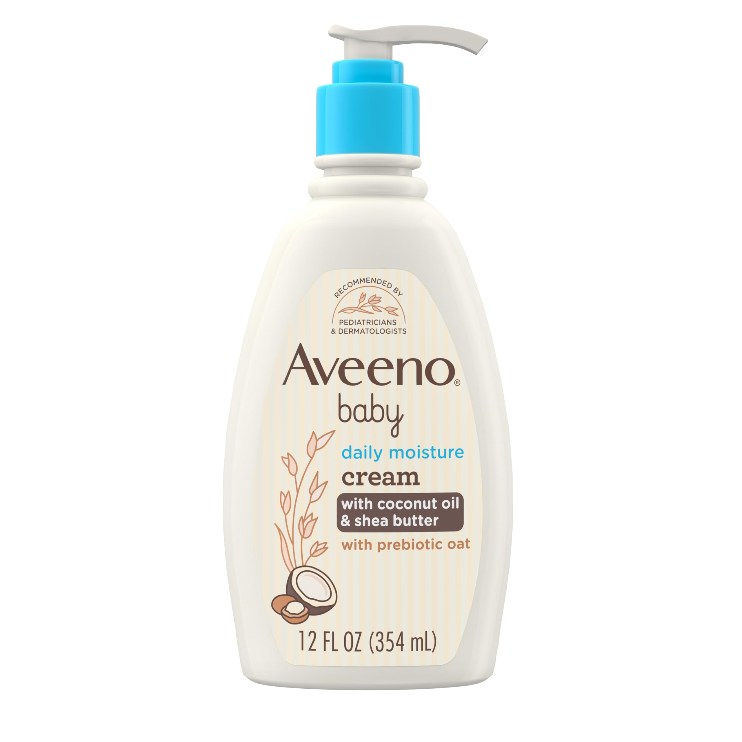 Aveeno Baby Daily Moisturizing Cream bottle front with soothing coconut scent