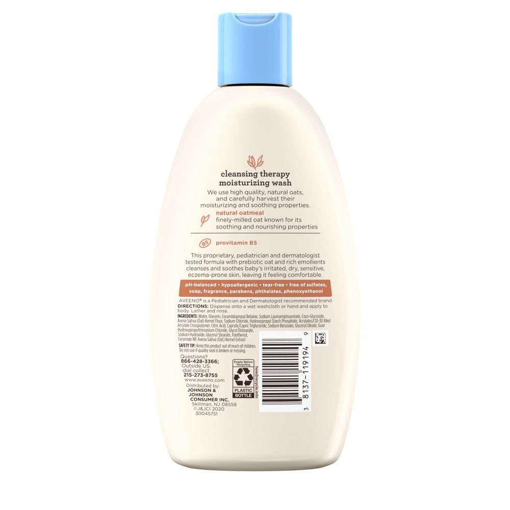 Aveeno Baby eczema-prone skin routine image, showing a gentle daily cleansing moment.