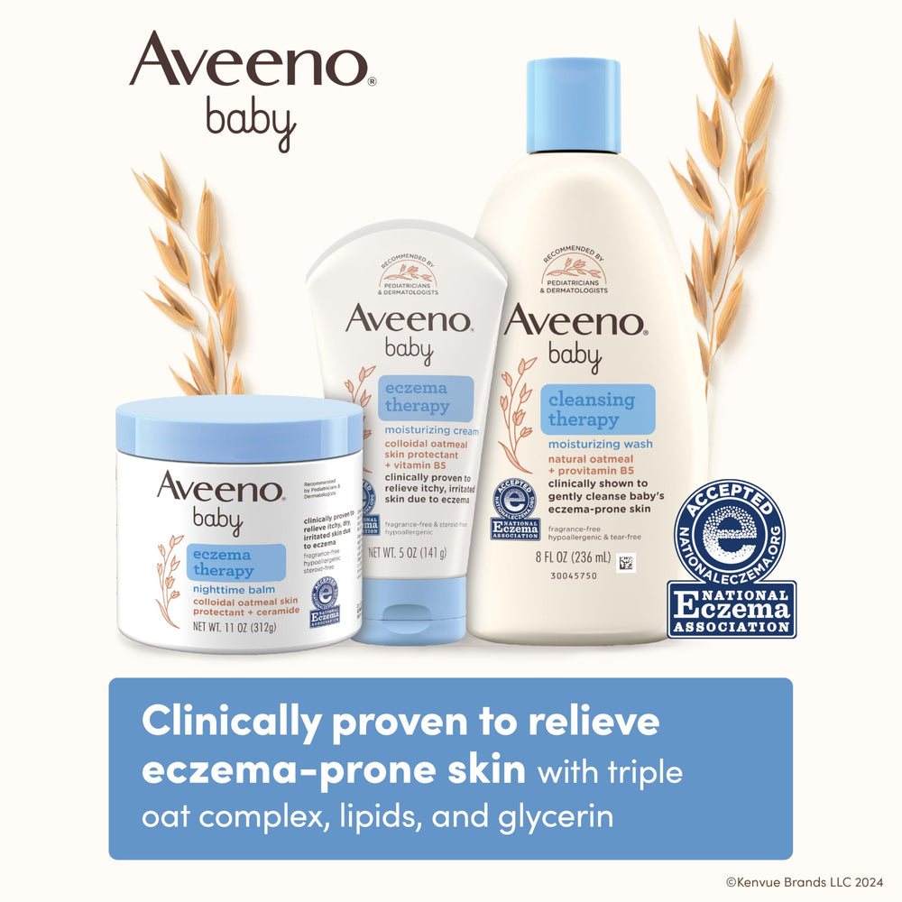 Application diagram showing gentle massage with Aveeno Baby Eczema Therapy Cream