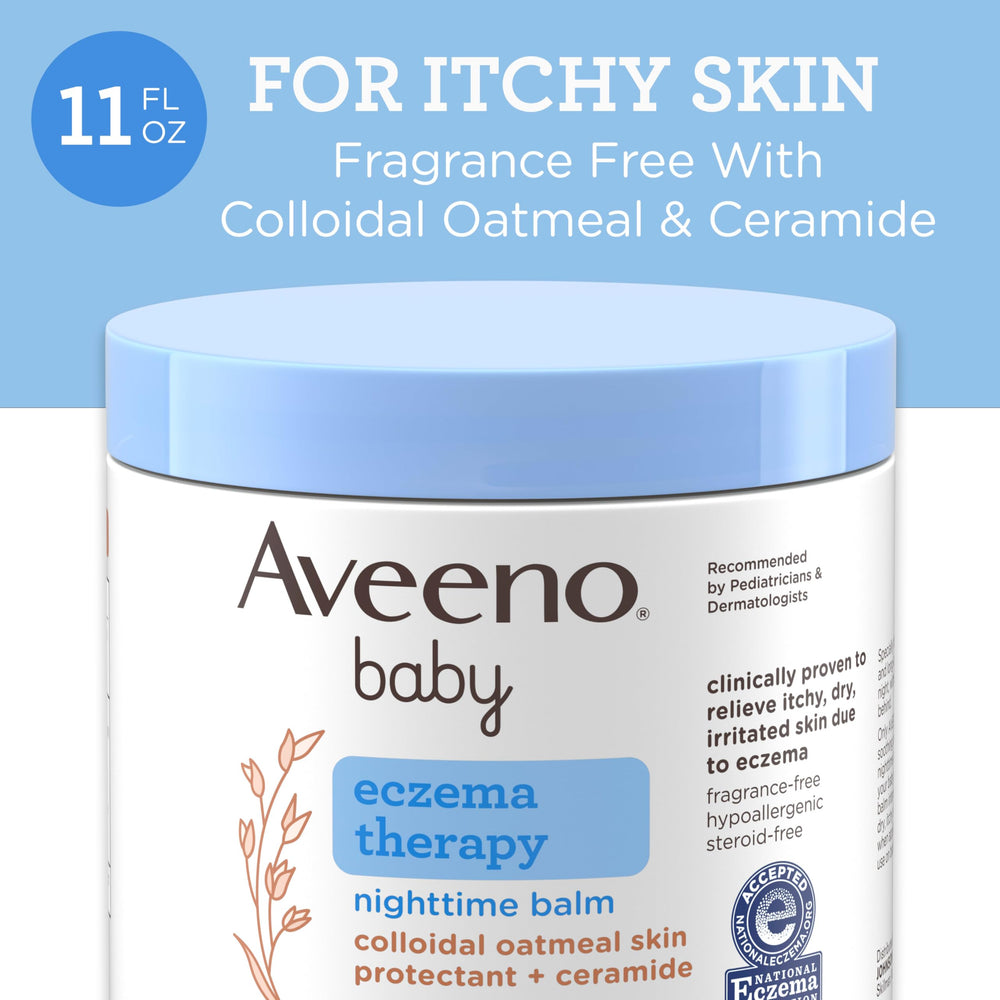 Applying Aveeno Baby Eczema Therapy Nighttime Balm to baby's skin for overnight moisture