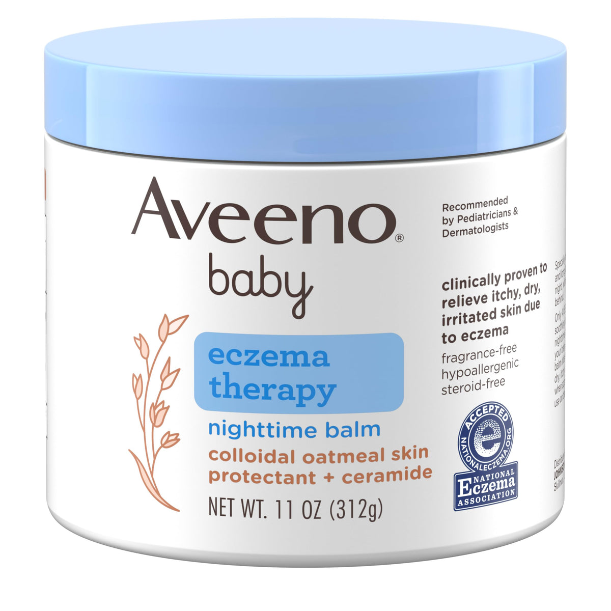 Aveeno Baby Eczema Therapy Nighttime Balm front view shows packaging and approval seal