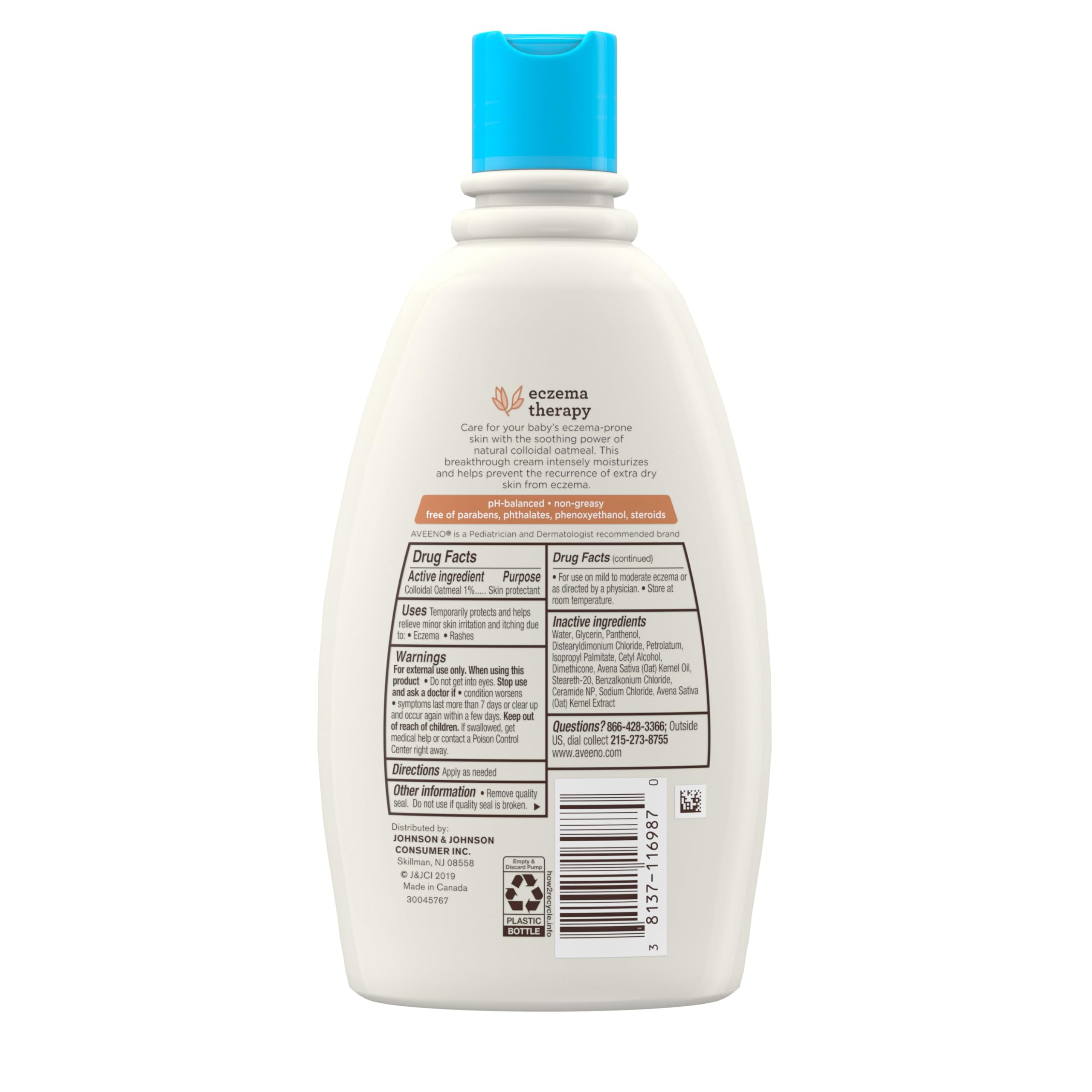 Steroid-free label on Aveeno Baby Eczema Therapy Cream bottle