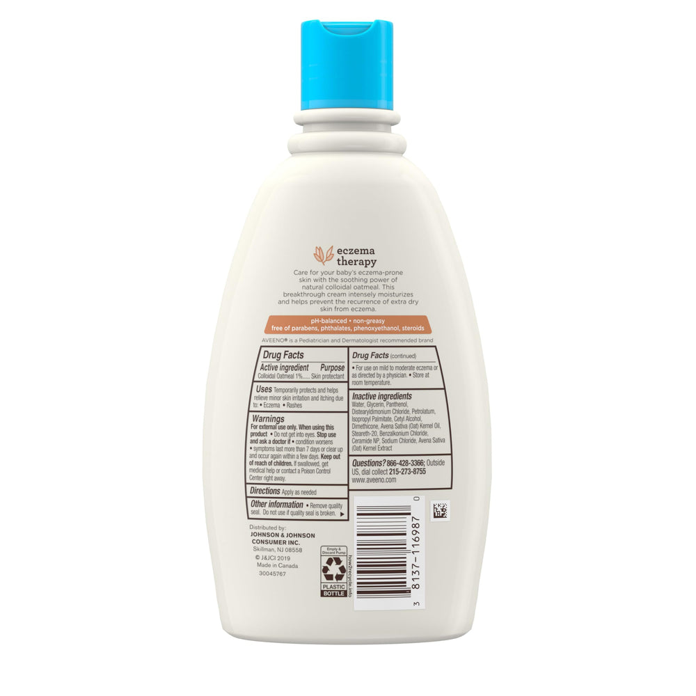 Steroid-free label on Aveeno Baby Eczema Therapy Cream bottle