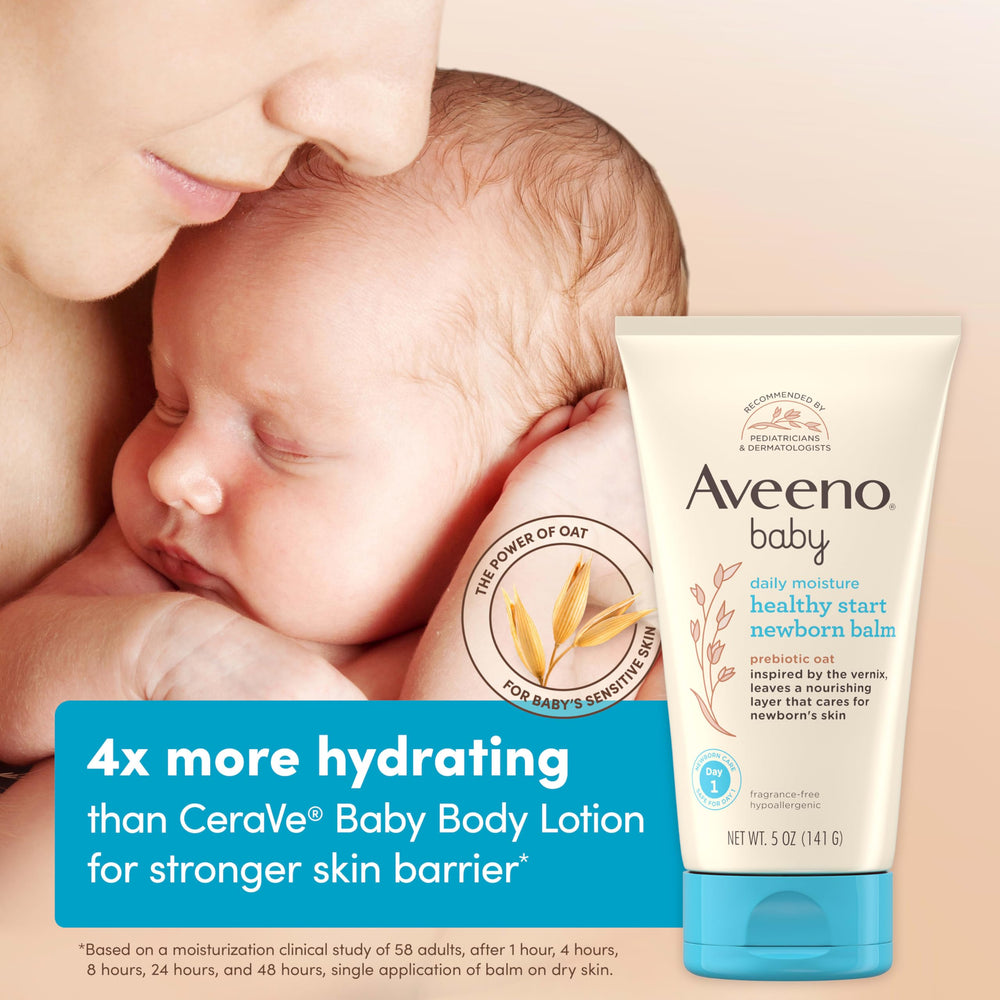 Aveeno Baby balm features fragrance-free, hypoallergenic protection for sensitive skin