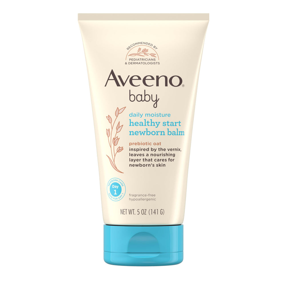 Aveeno Baby Healthy Start Balm tube demonstrating a soothing daily moisturizer for newborn skin