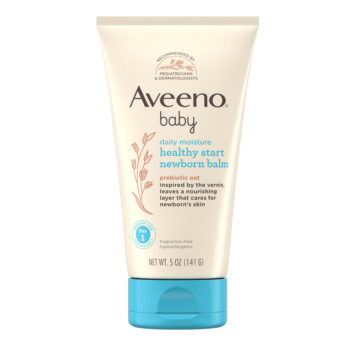 Aveeno Baby Healthy Start Balm tube demonstrating a soothing daily moisturizer for newborn skin