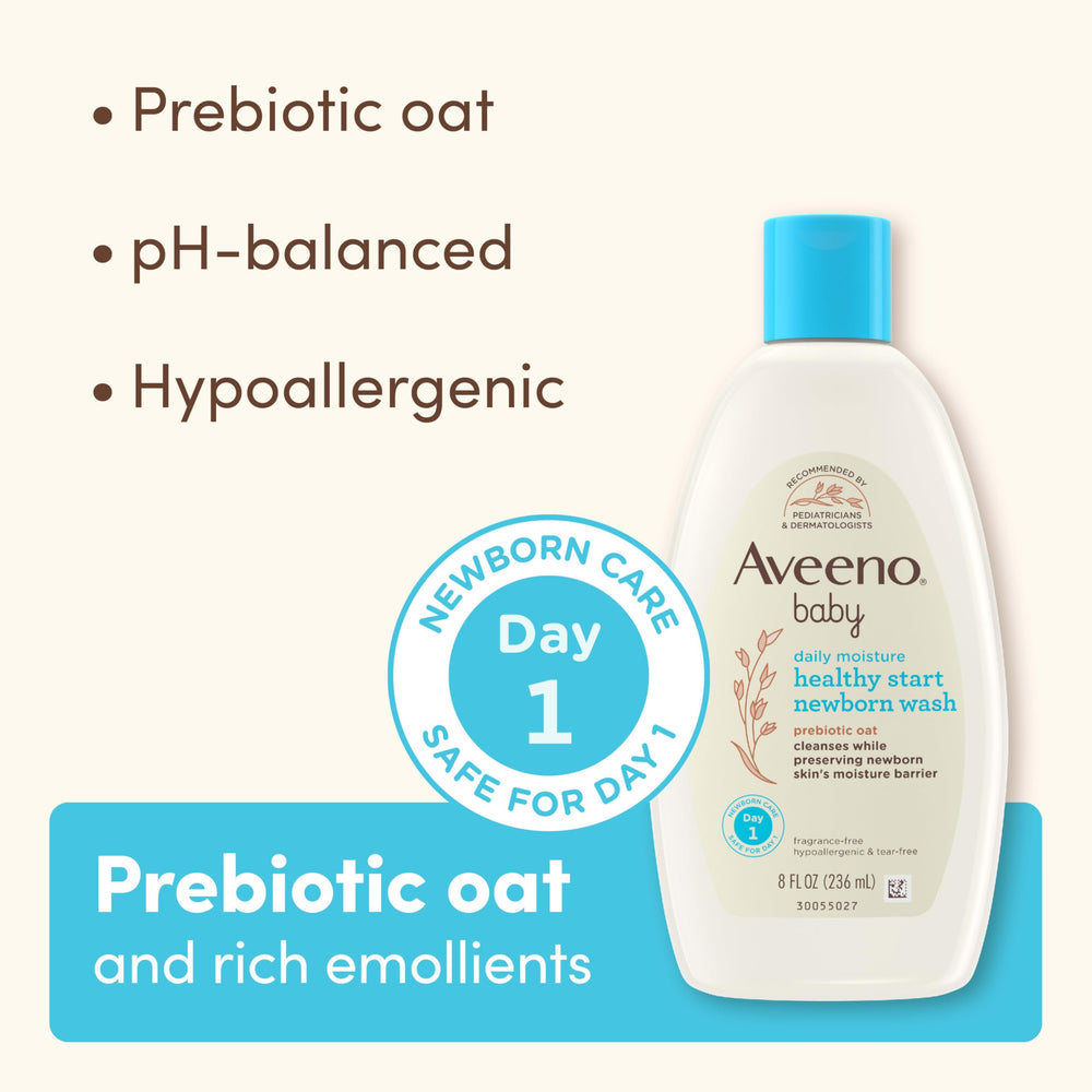 Aveeno Baby hypoallergenic tear-free formula image signals safe daily cleansing.