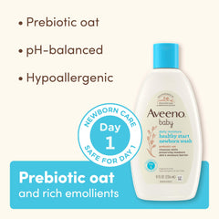 Aveeno Baby hypoallergenic tear-free formula image signals safe daily cleansing.