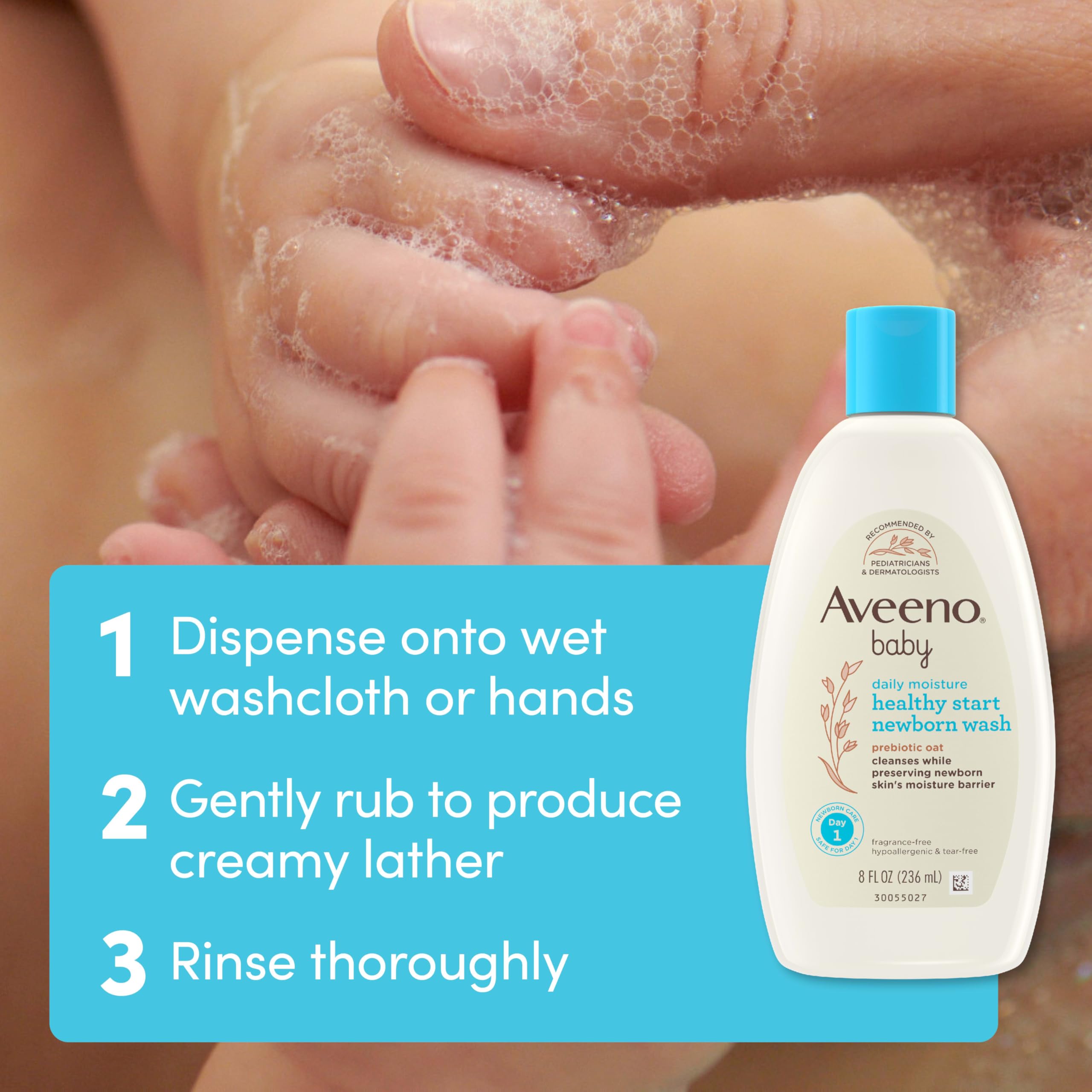 Aveeno Baby newborn bath routine illustration suggests gentle cleansing in the nursery.