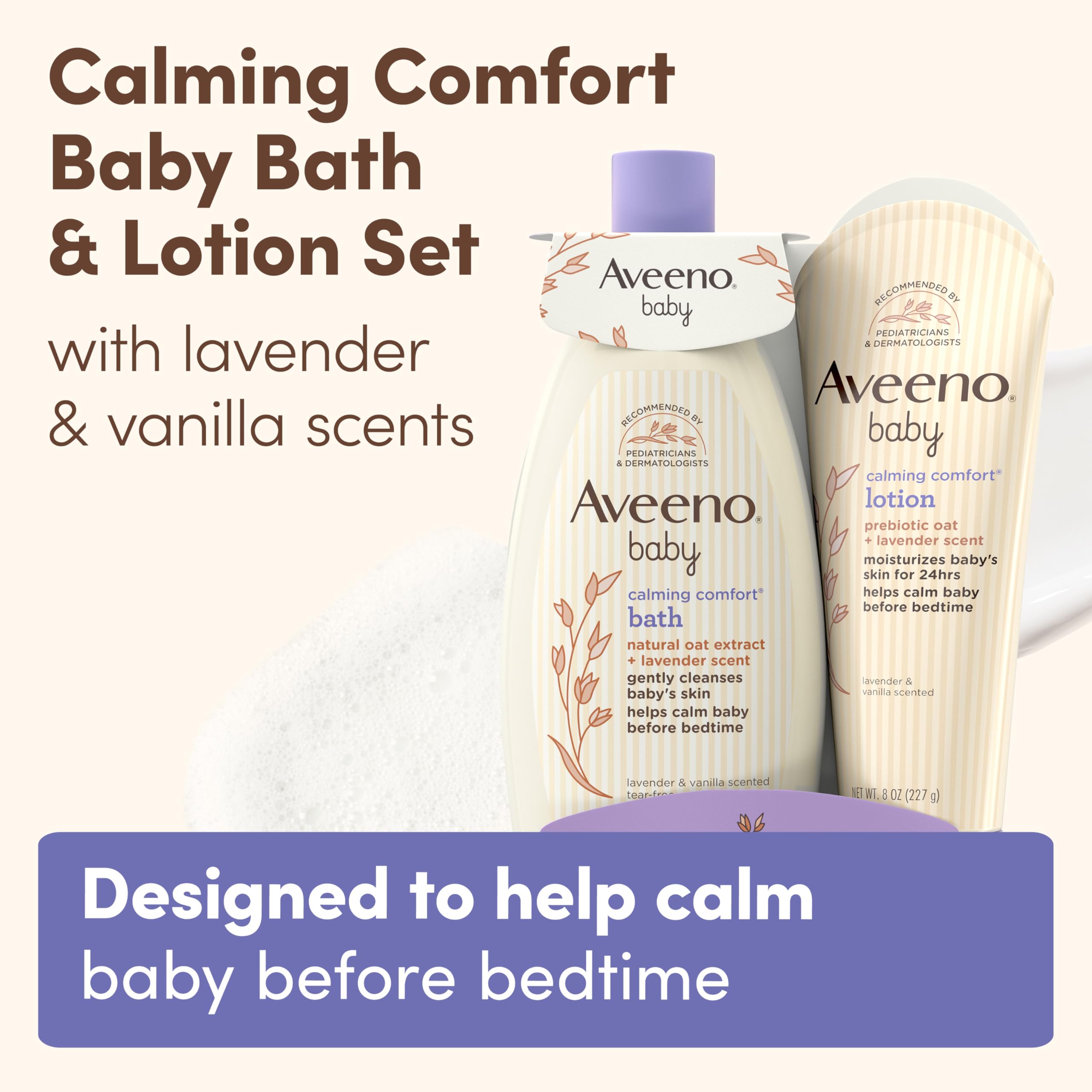 Aveeno Baby Nighttime Calming Bath lather shows tear-free, soothing care for fussier moments.