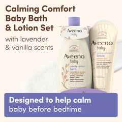 Aveeno Baby Nighttime Calming Bath lather shows tear-free, soothing care for fussier moments.