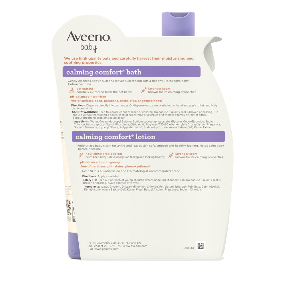 Aveeno Baby Nighttime Set packaging communicates a two-step calming routine.