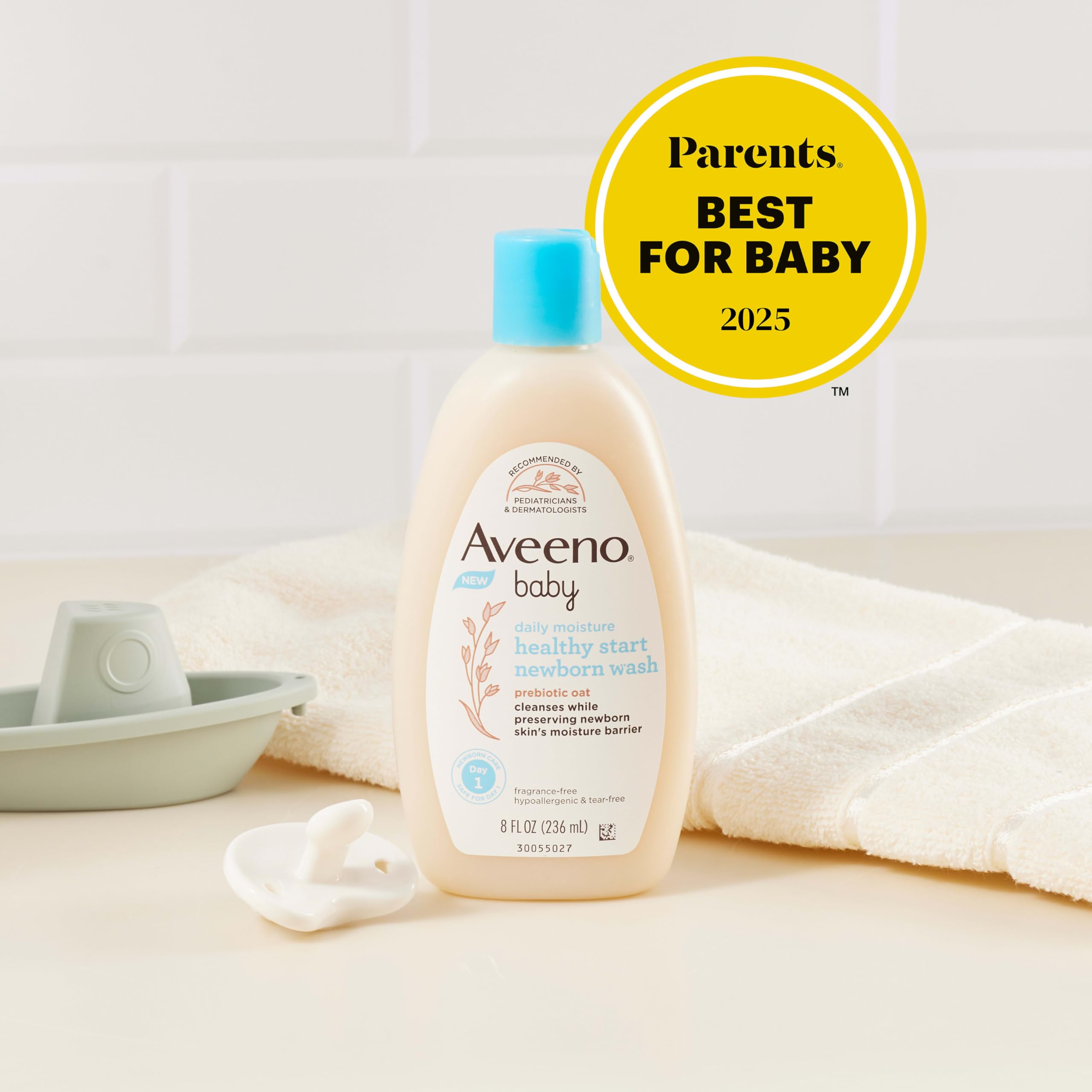 Aveeno Baby fragrance-free paraben-free label emphasizes gentle care.