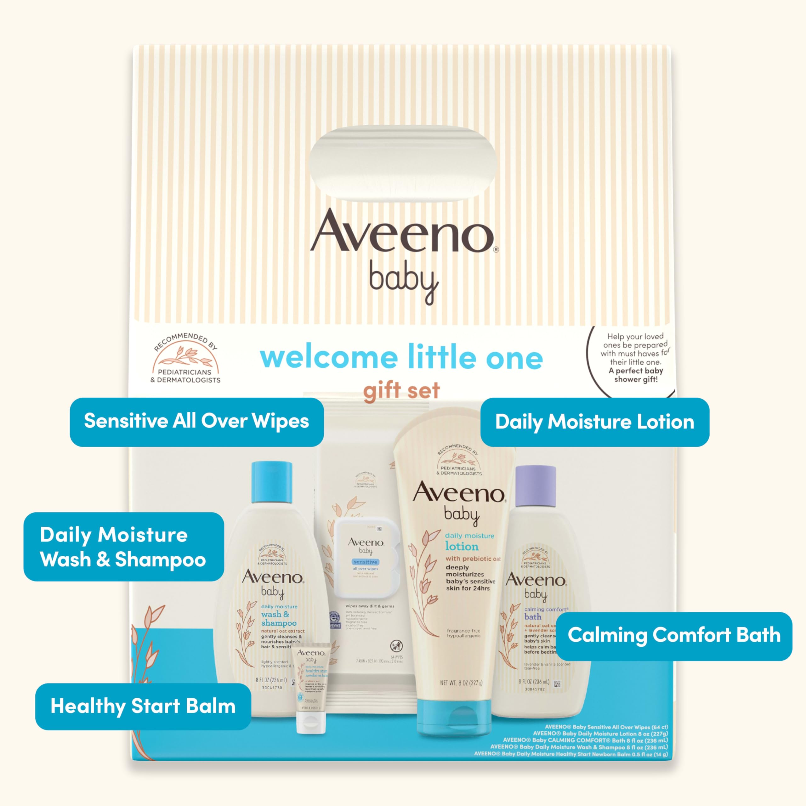Aveeno Baby Sensitive All Over Wipes 64-count provide quick, gentle cleaning.