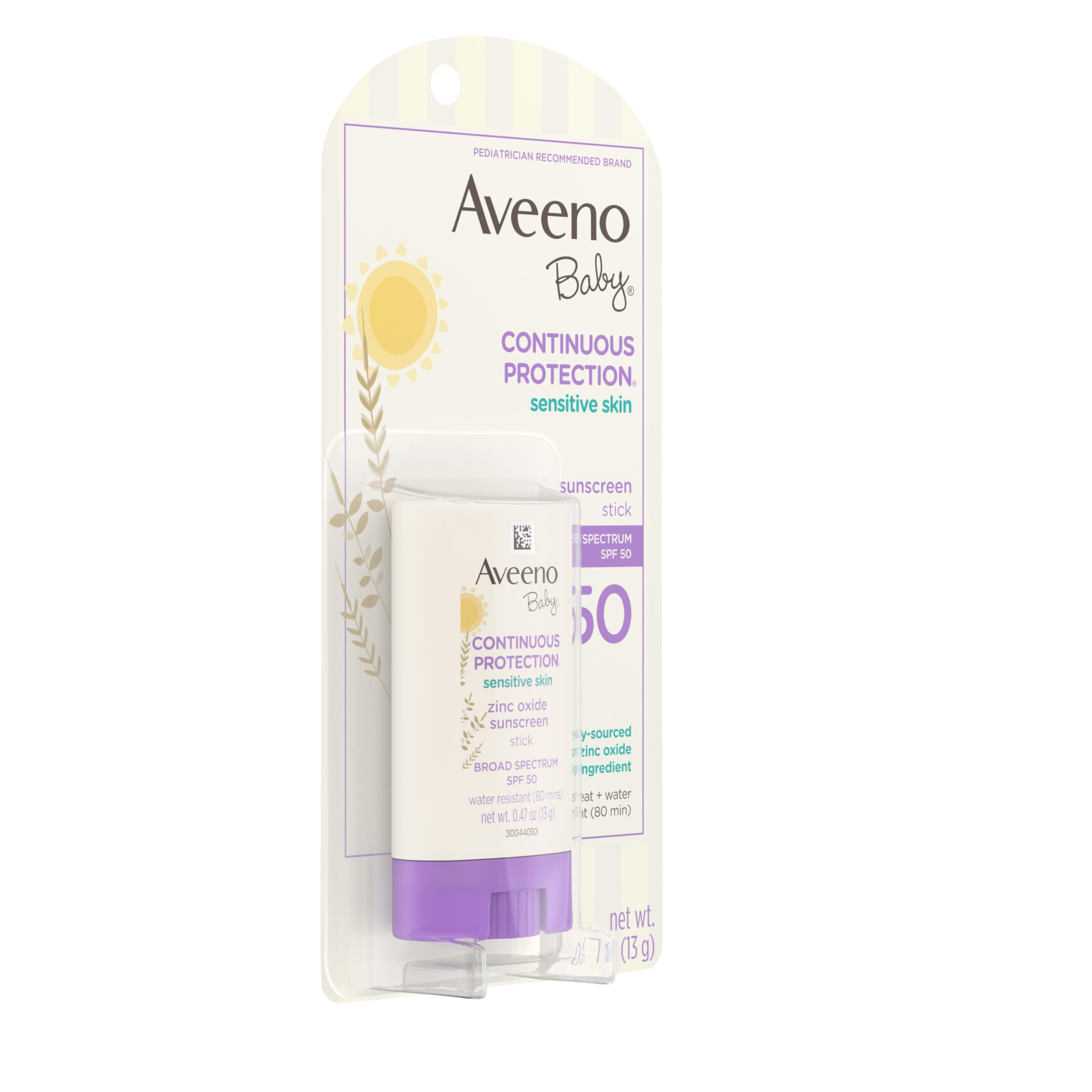 Close-up of Aveeno Baby stick gliding smoothly on skin for easy application.