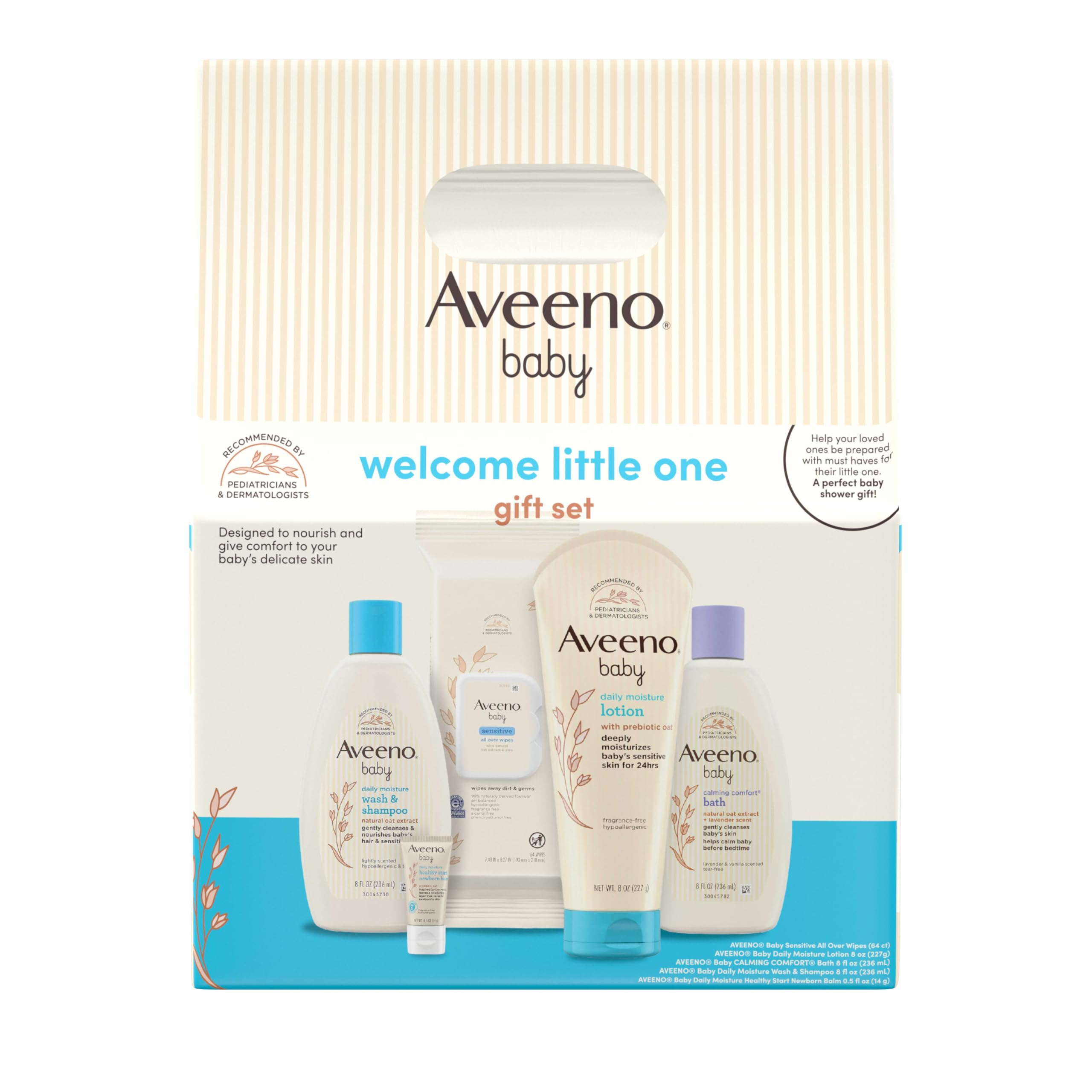 Aveeno Baby Welcome Little One Gift Set box displaying five newborn skincare essentials.