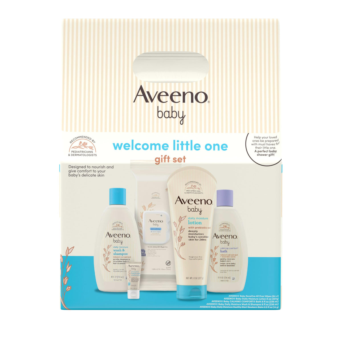 Aveeno Baby Welcome Little One Gift Set box displaying five newborn skincare essentials.