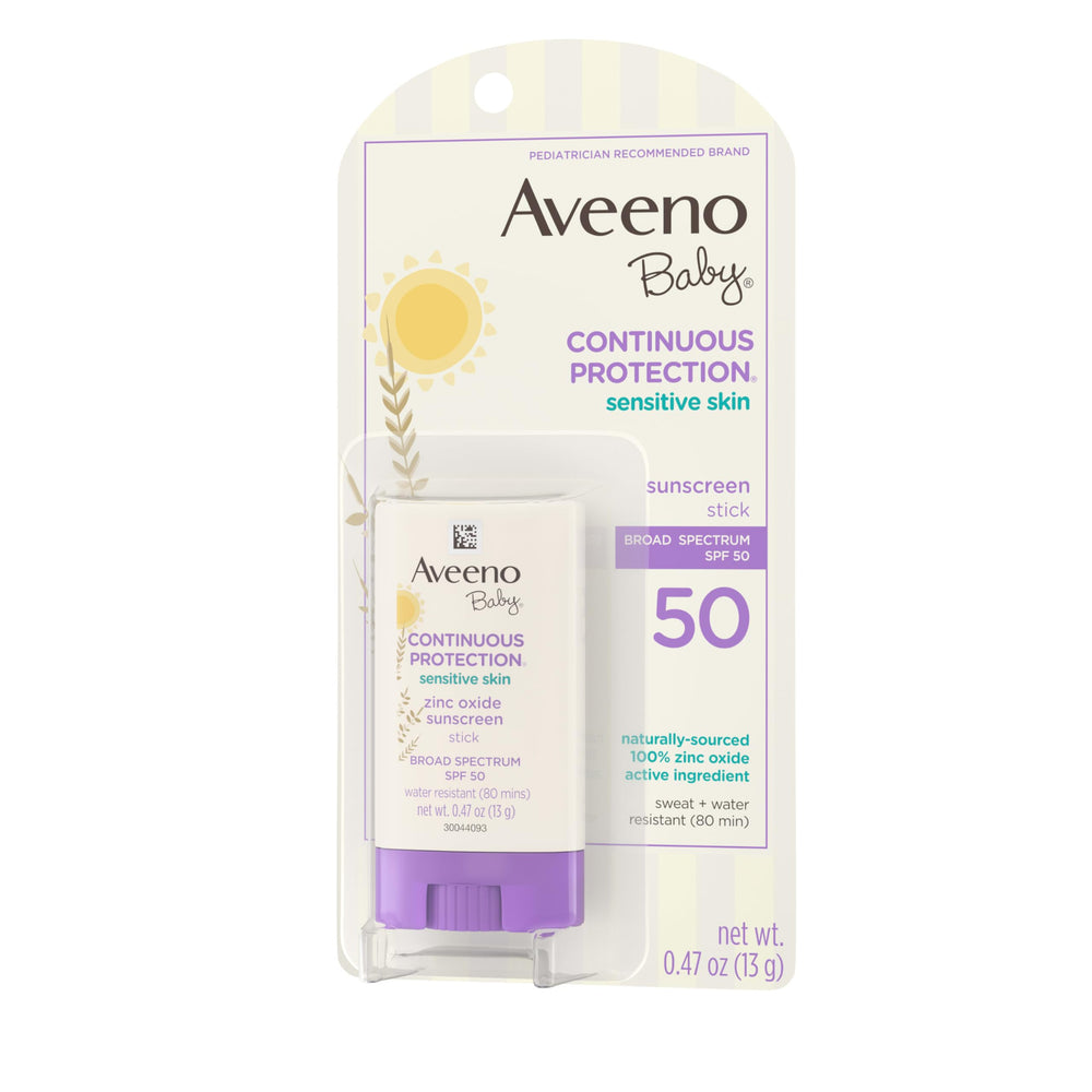 Aveeno Baby zinc oxide mineral active on the stick indicating mineral-based protection.