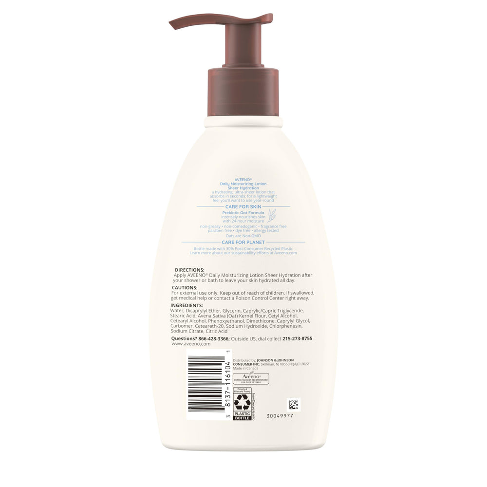 Aveeno bottle on bathroom counter for easy post-shower routine.