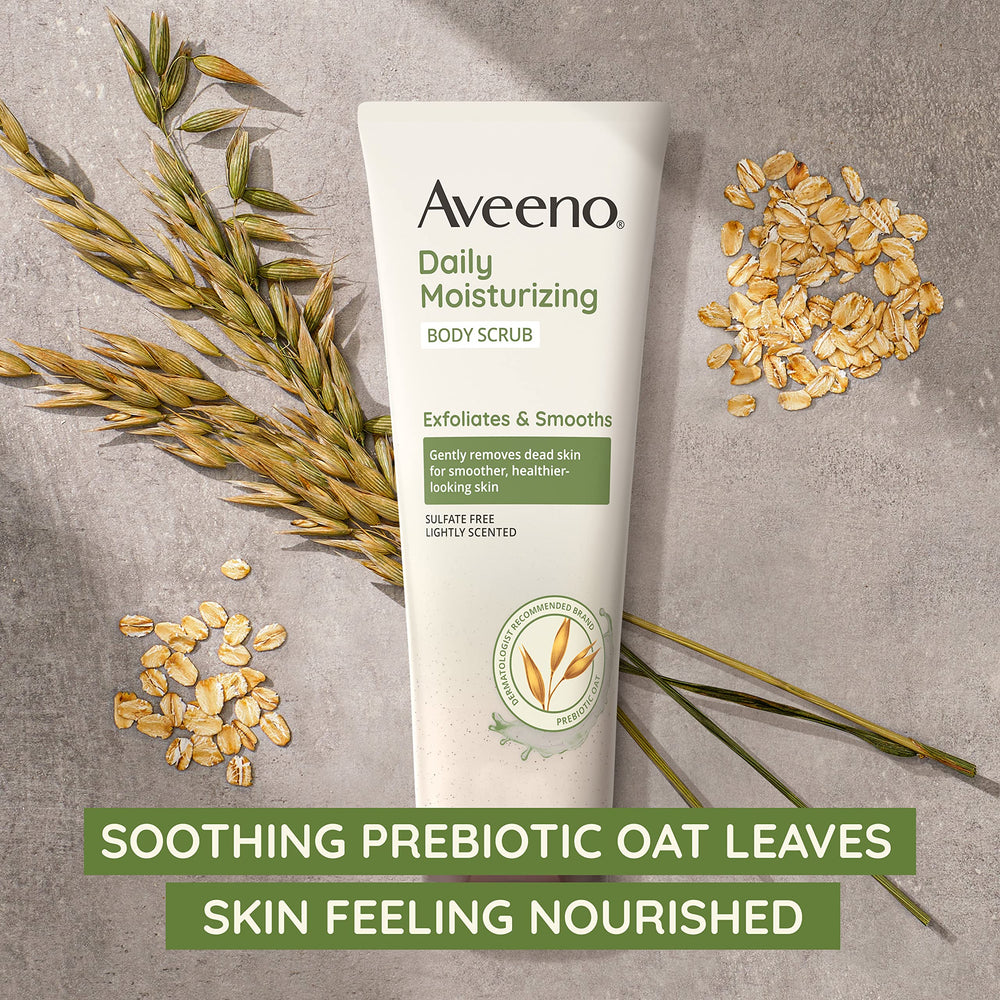 Aveeno body scrub exfoliating beads detail highlighting natural exfoliant for even skin texture