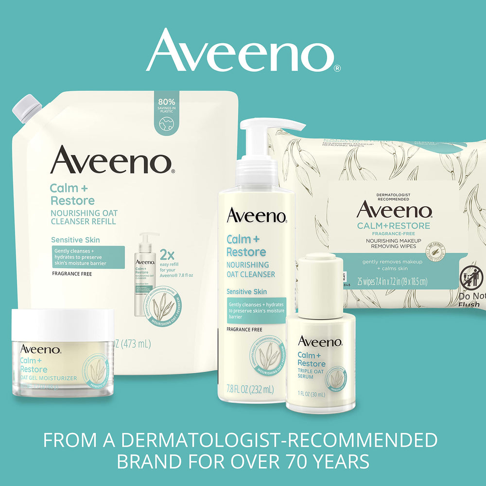 Aveeno Calm + Restore 6 oz bottle ideal for daily cleansing routine.