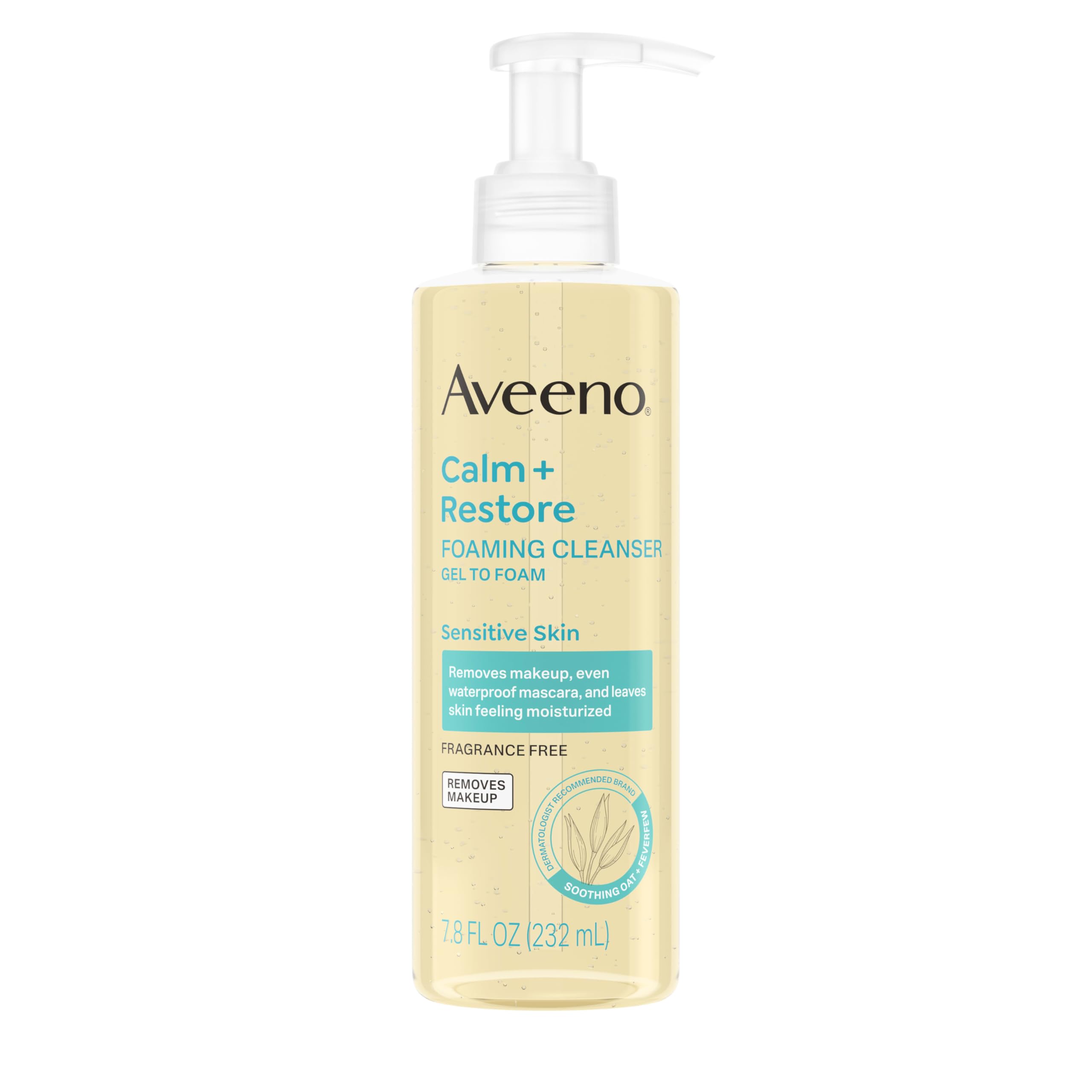 Aveeno Calm + Restore foaming cleanser bottle front, fragrance-free formula for sensitive skin.