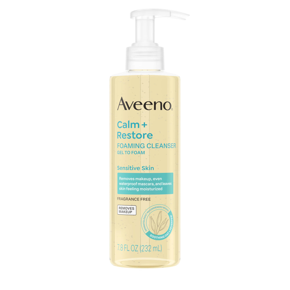 Aveeno Calm + Restore foaming cleanser bottle front, fragrance-free formula for sensitive skin.