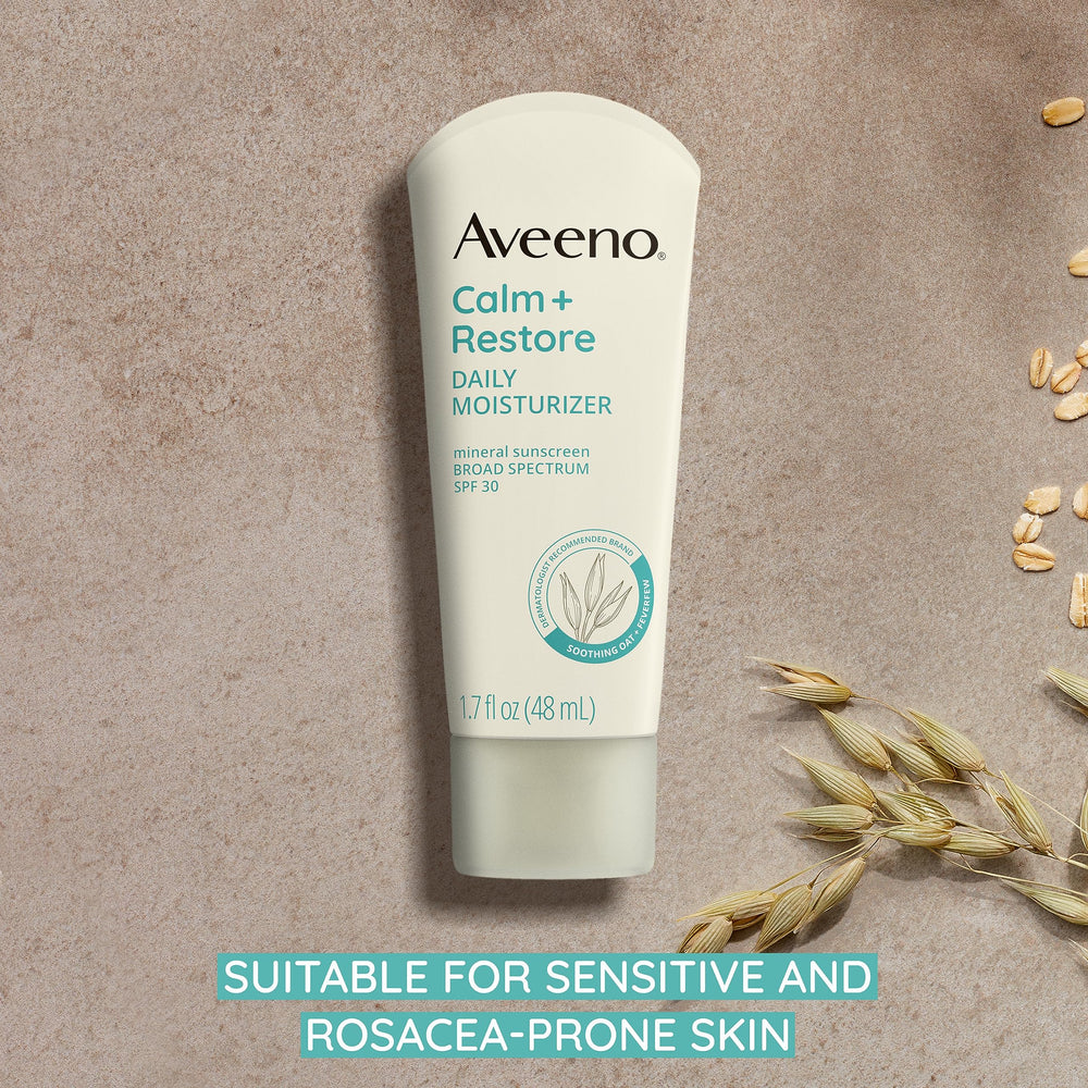 Aveeno Calm + Restore fragrance-free label emphasizes hypoallergenic formula.