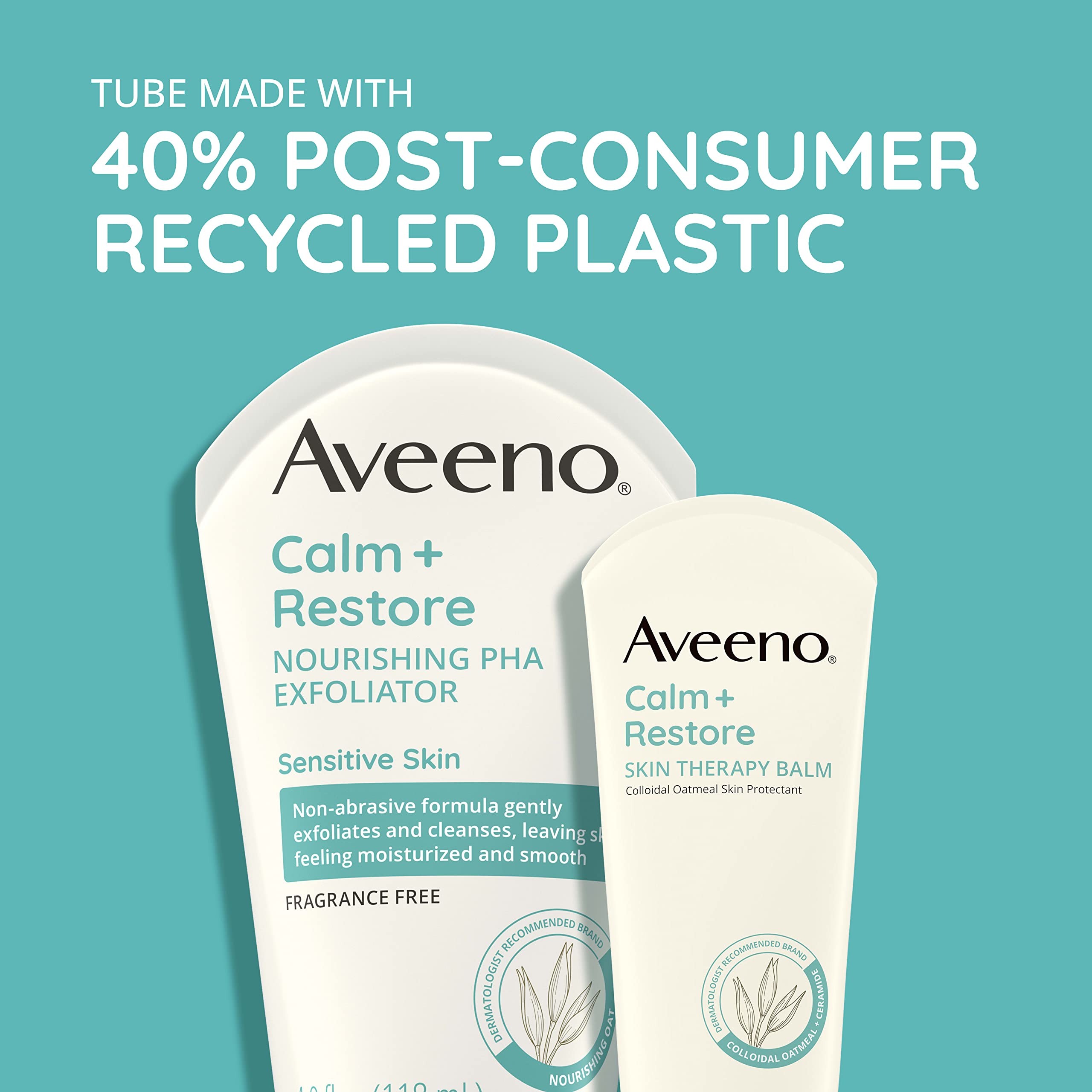 Aveeno Calm + Restore Exfoliator applied on hand for gentle cleansing routine.