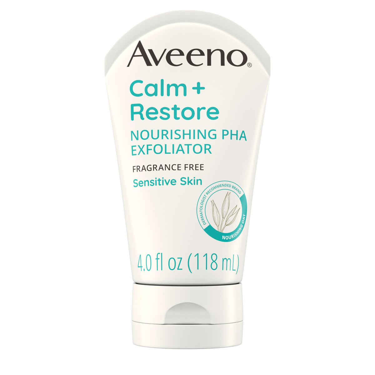 Aveeno Calm + Restore Exfoliator bottle shows fragrance-free formula for sensitive skin.