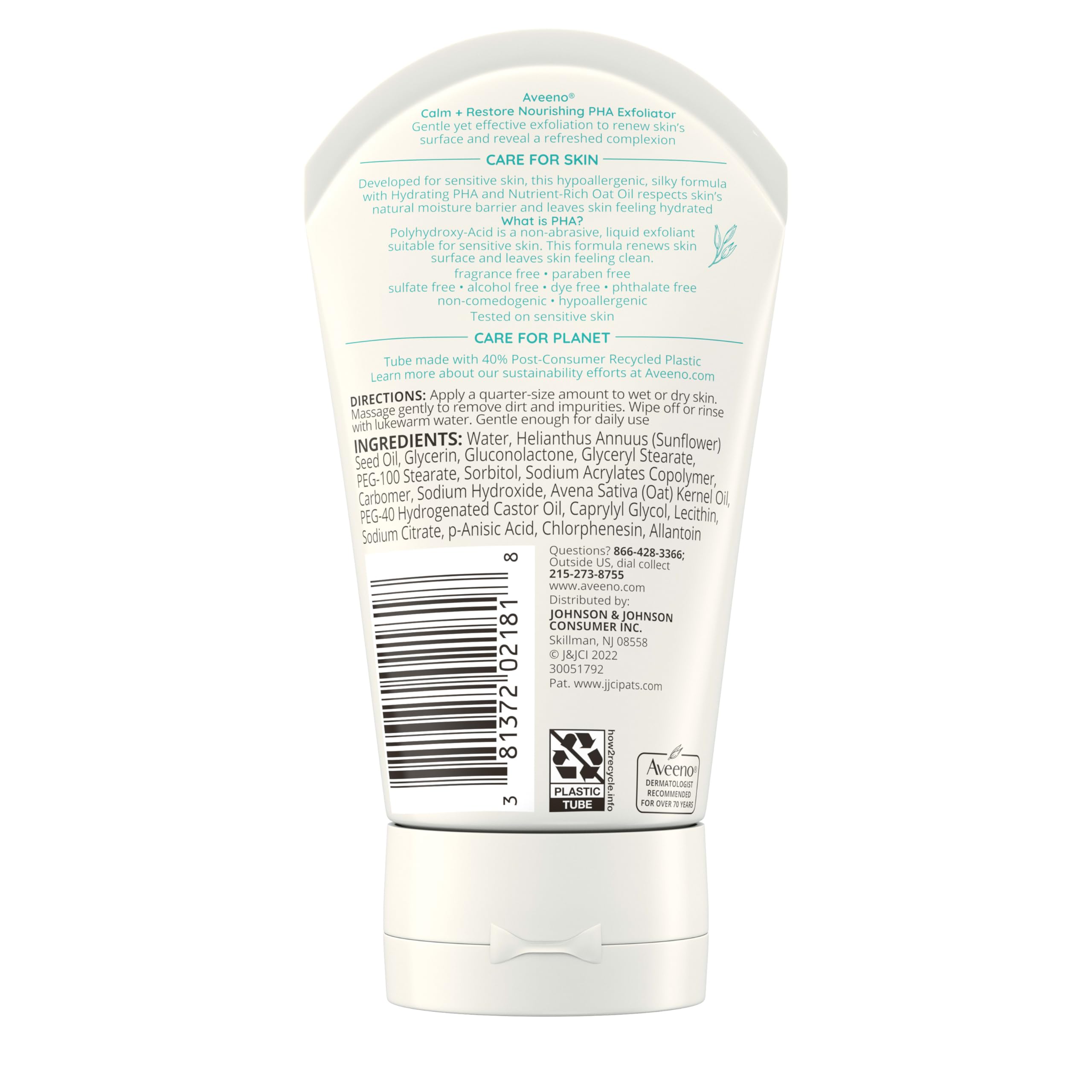 Aveeno Calm + Restore Exfoliator on sink ideal for a simple skincare ritual.