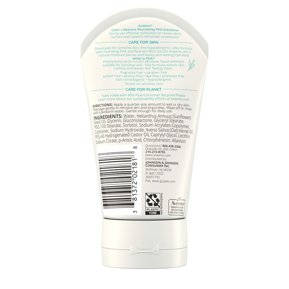 Aveeno Calm + Restore Exfoliator on sink ideal for a simple skincare ritual.