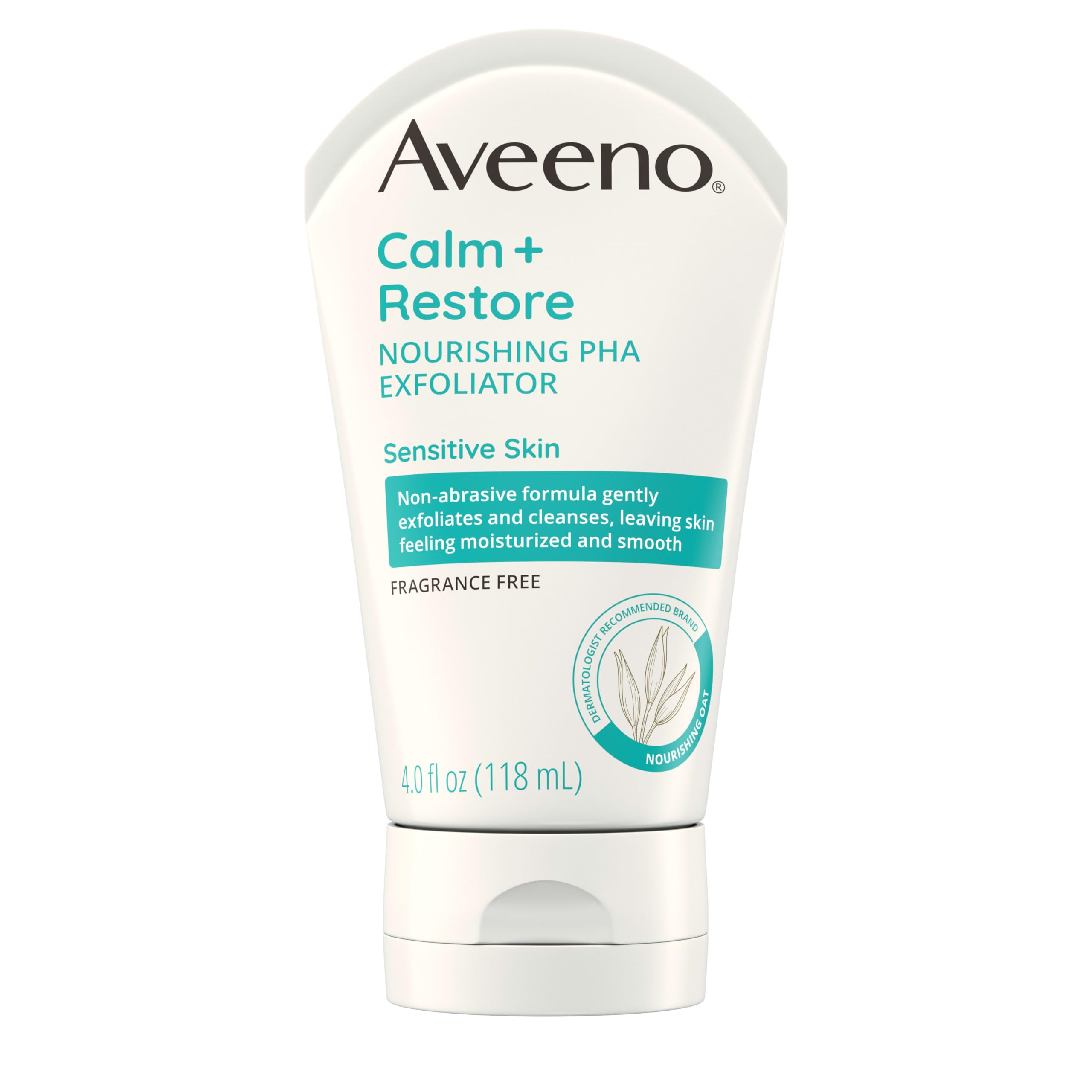 Aveeno Calm + Restore Exfoliator label confirms fragrance-free and non-comedogenic benefits.
