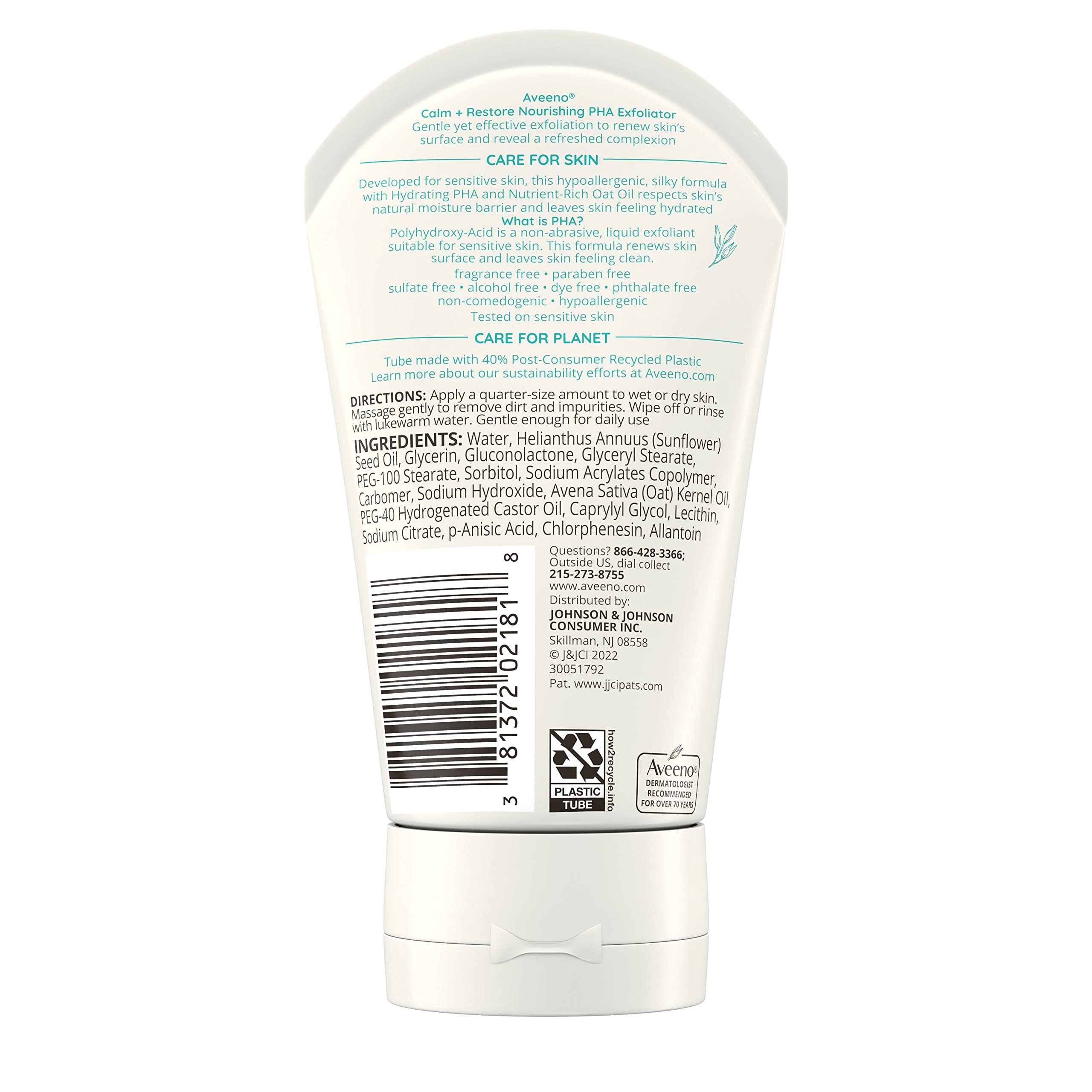 Aveeno Calm + Restore Exfoliator close-up reveals creamy texture for sensitive skin.