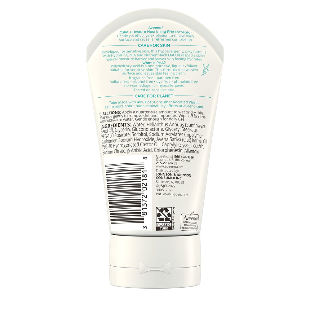 Aveeno Calm + Restore Exfoliator close-up reveals creamy texture for sensitive skin.