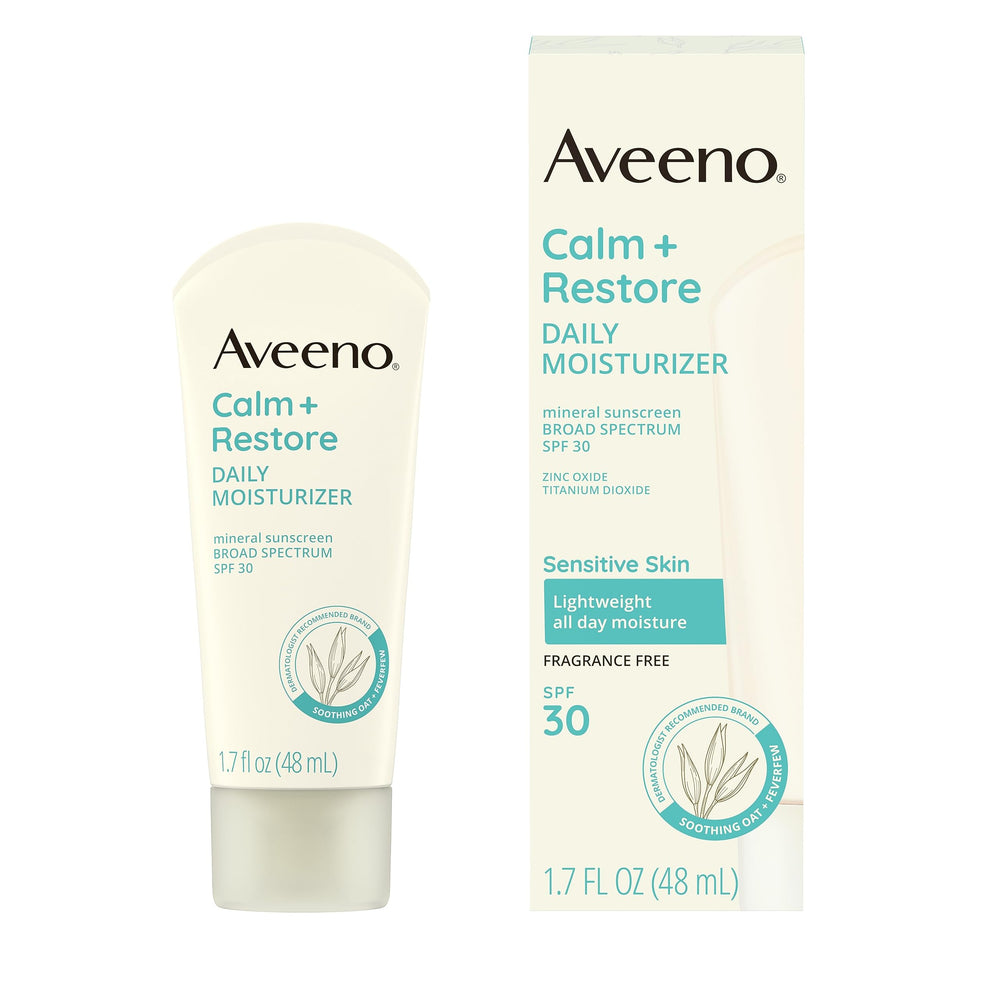 Aveeno Calm + Restore SPF 30 bottle provides lightweight sun protection and hydration.