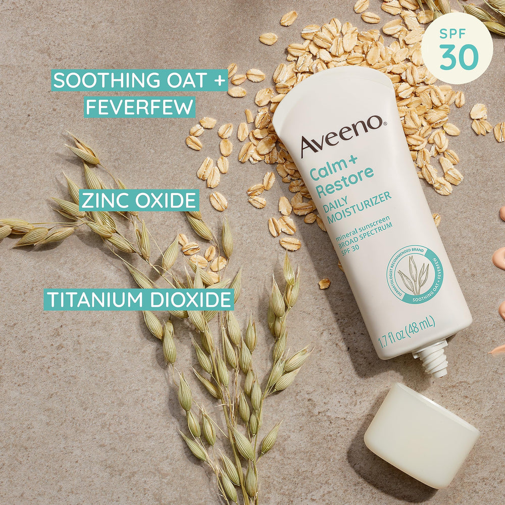 Aveeno Calm + Restore zinc oxide and titanium dioxide sun protection for daily use.