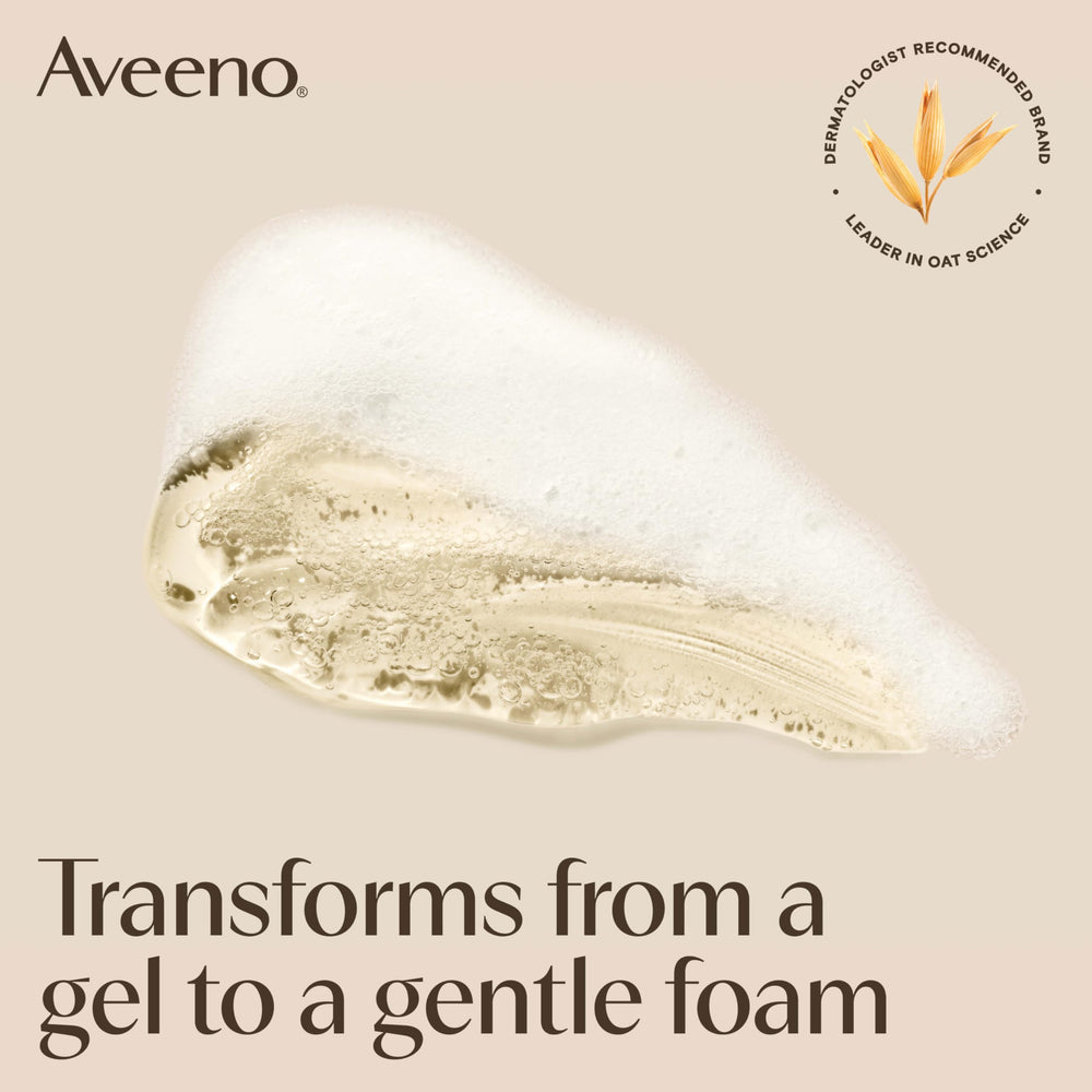 Aveeno cleanser being rinsed under water demonstrates easy makeup removal.