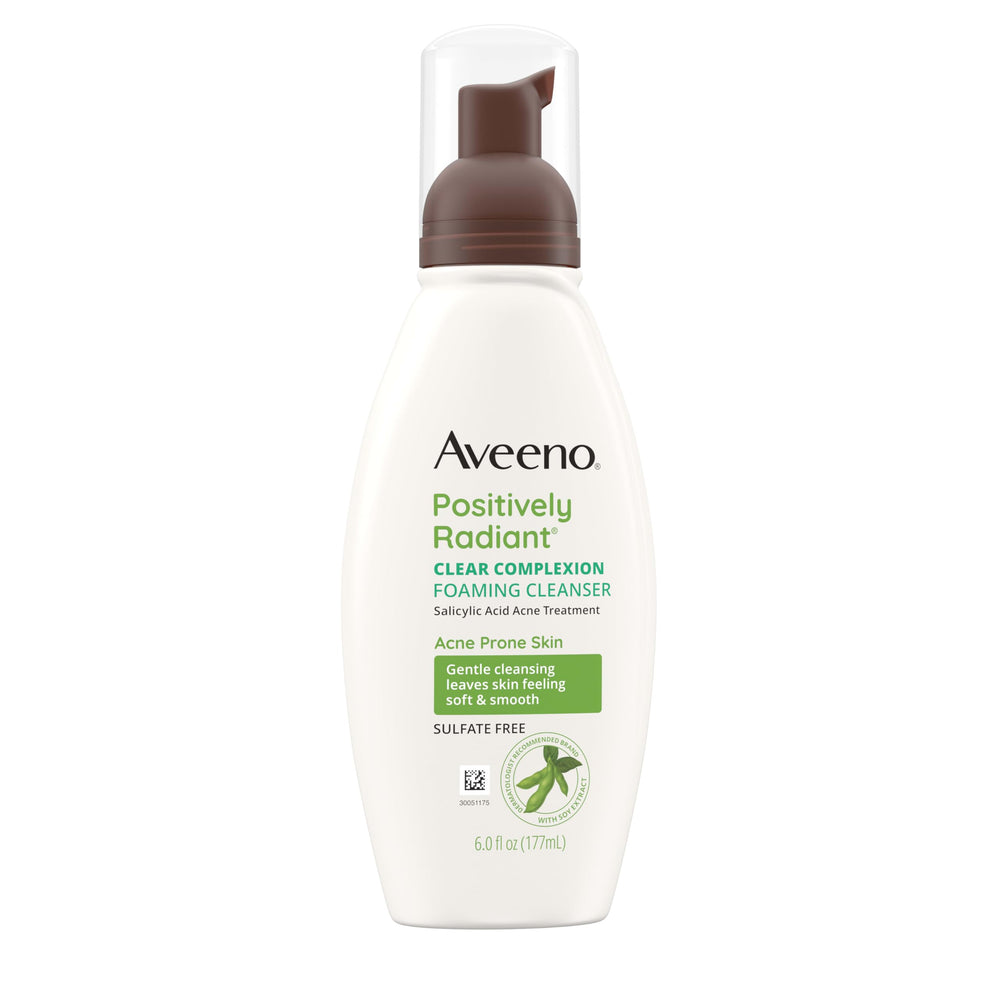 Aveeno Clear Complexion foaming bottle for daily acne-prone cleansing.