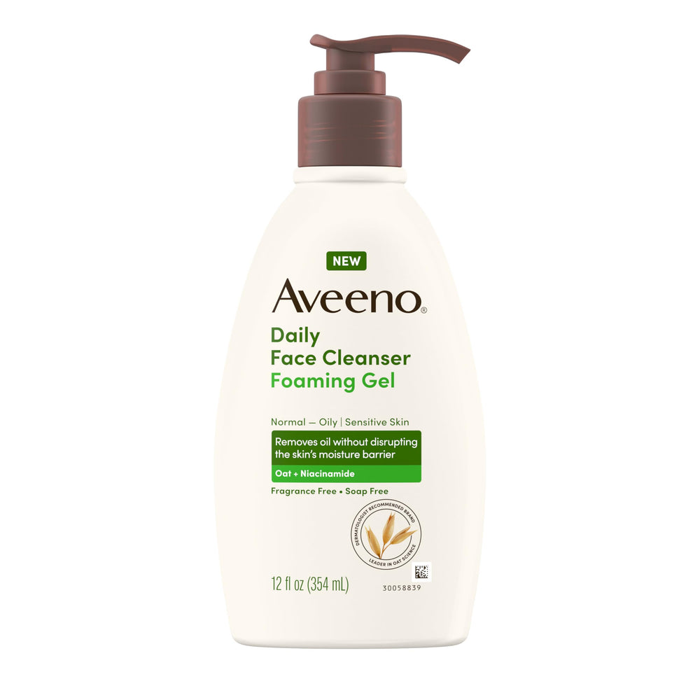 Aveeno Daily Foaming Gel Cleanser bottle with gentle foam for sensitive skin