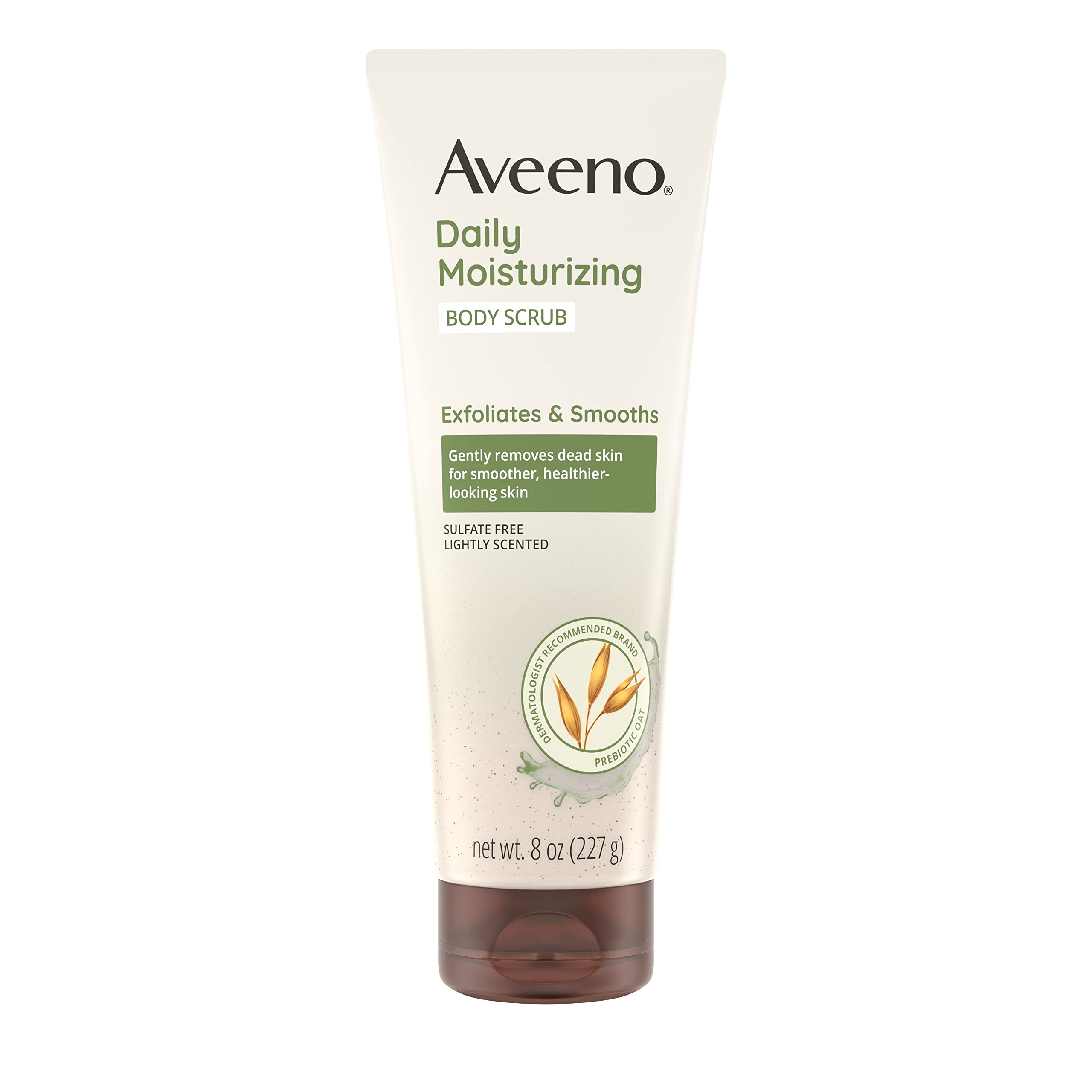 Aveeno daily moisturizing body scrub tube closeup showing smooth texture for gentle exfoliation and smoother skin