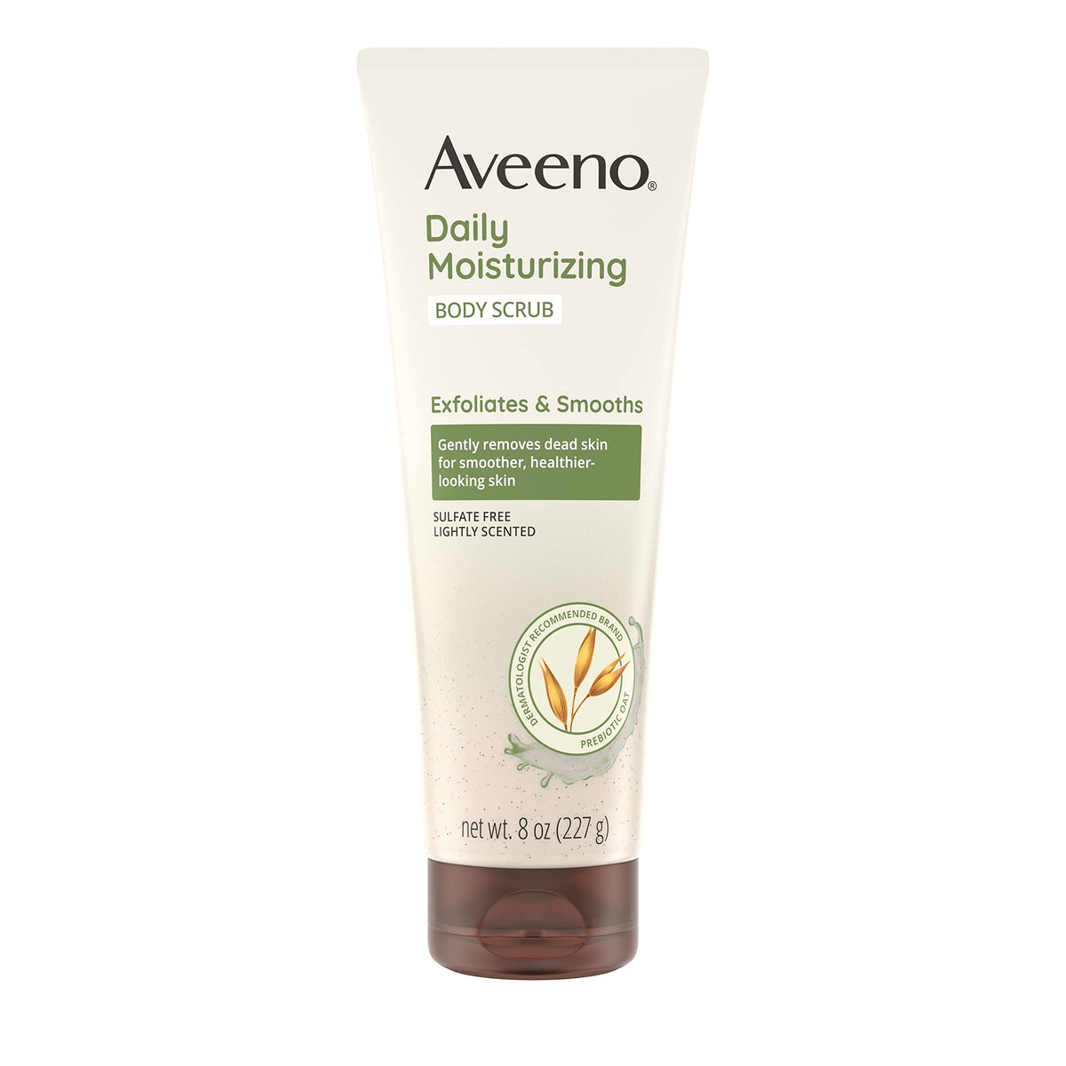 Aveeno daily moisturizing body scrub tube closeup showing smooth texture for gentle exfoliation and smoother skin