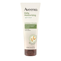Aveeno daily moisturizing body scrub tube closeup showing smooth texture for gentle exfoliation and smoother skin