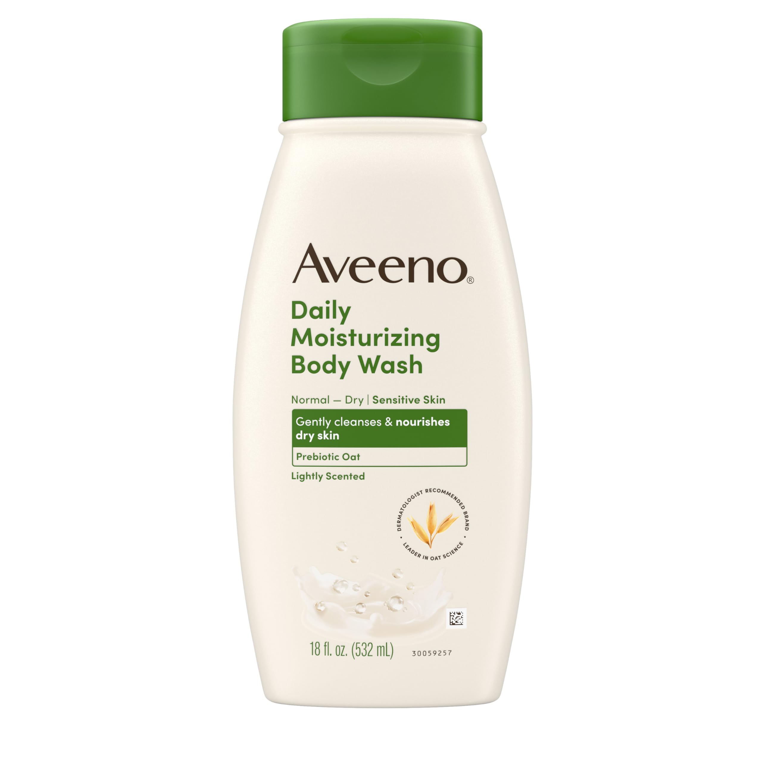 Aveeno Daily Moisturizing Body Wash bottle, 18 oz, with prebiotic oat for dry skin.