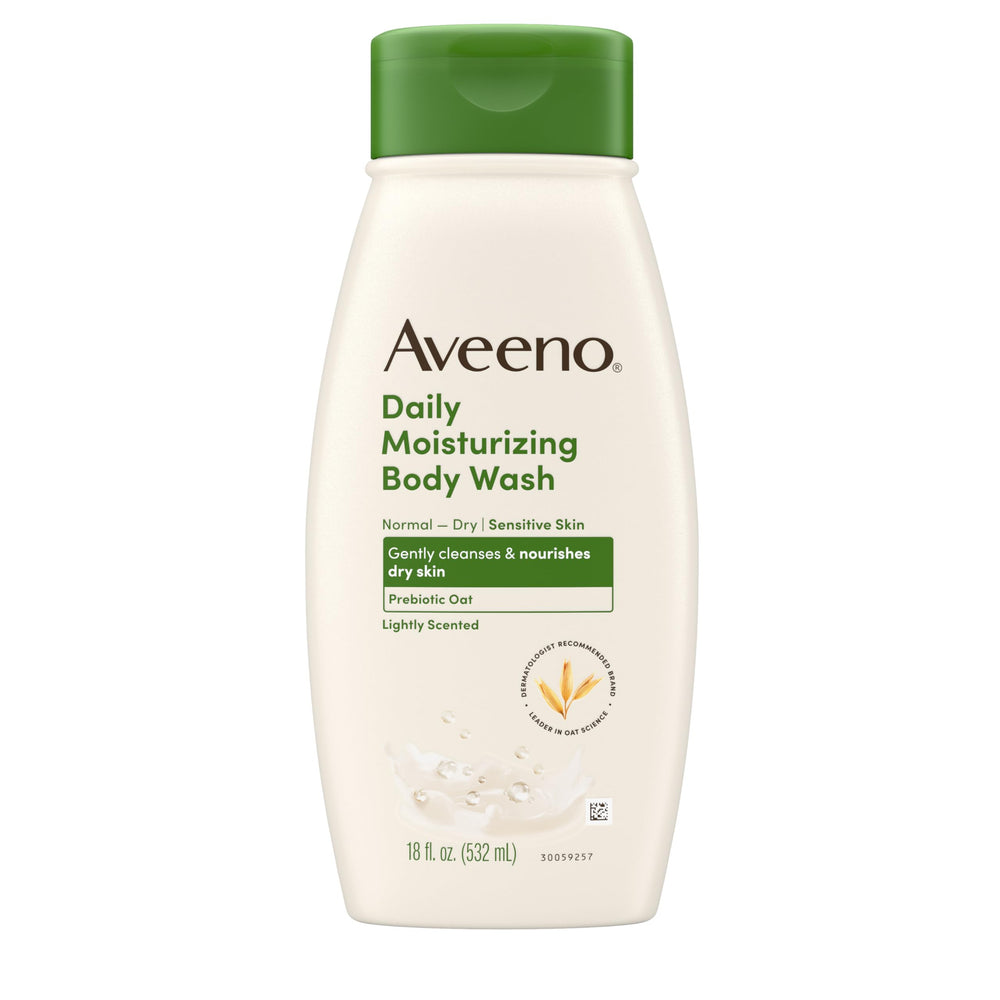 Aveeno Daily Moisturizing Body Wash bottle, 18 oz, with prebiotic oat for dry skin.