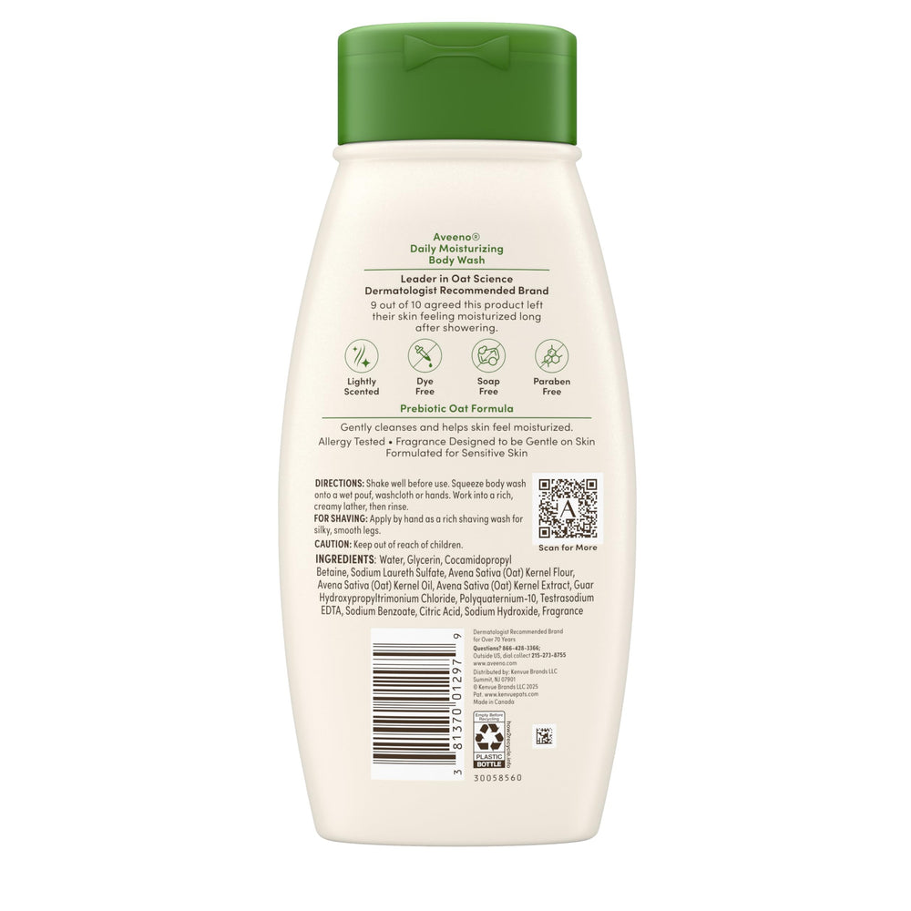 Label shows free from parabens and dyes in Aveeno body wash.