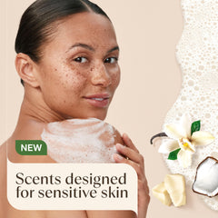 Aveeno rich lather close-up; creamy cleanse for dry skin.