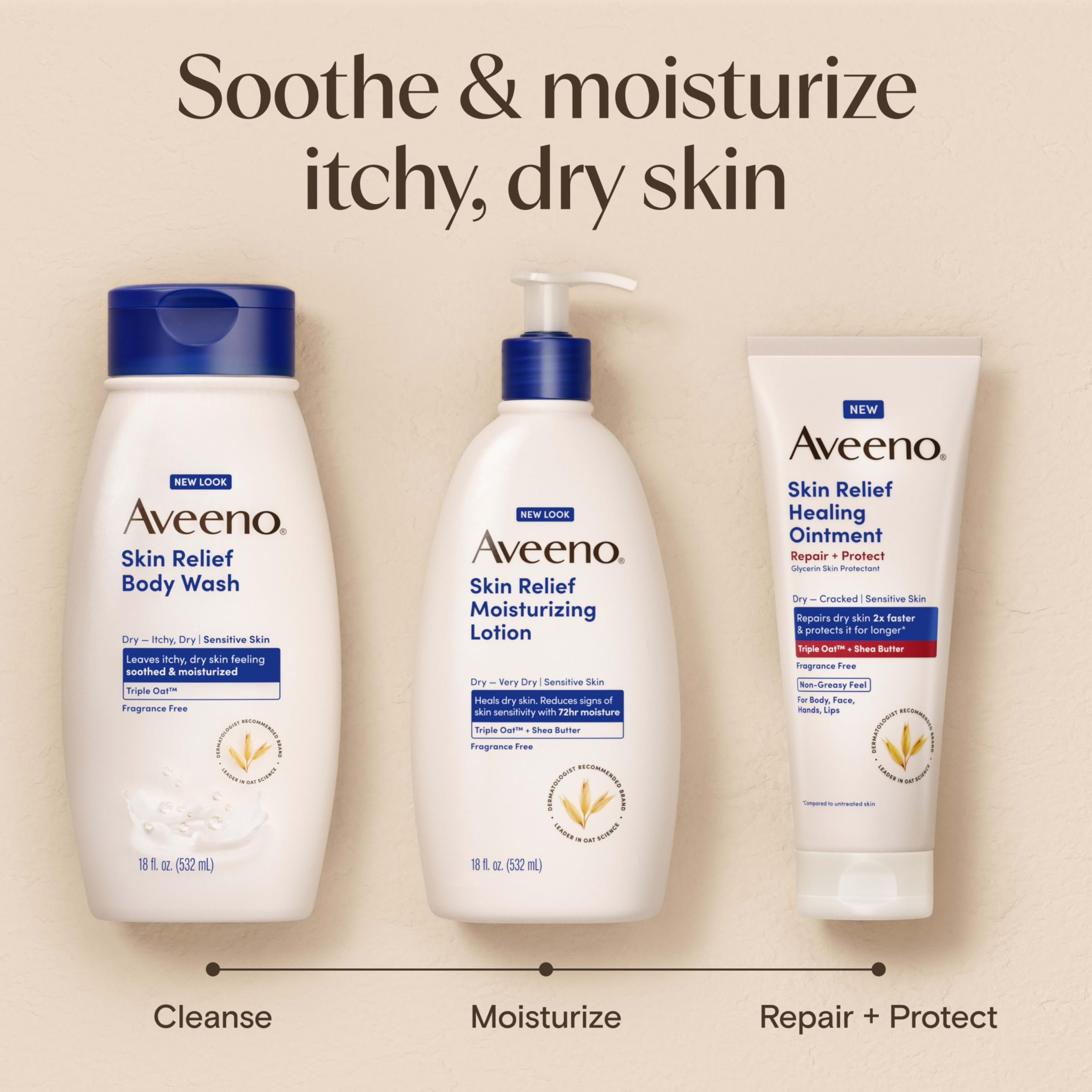 Dermatologist-recommended Aveeno with oat science.